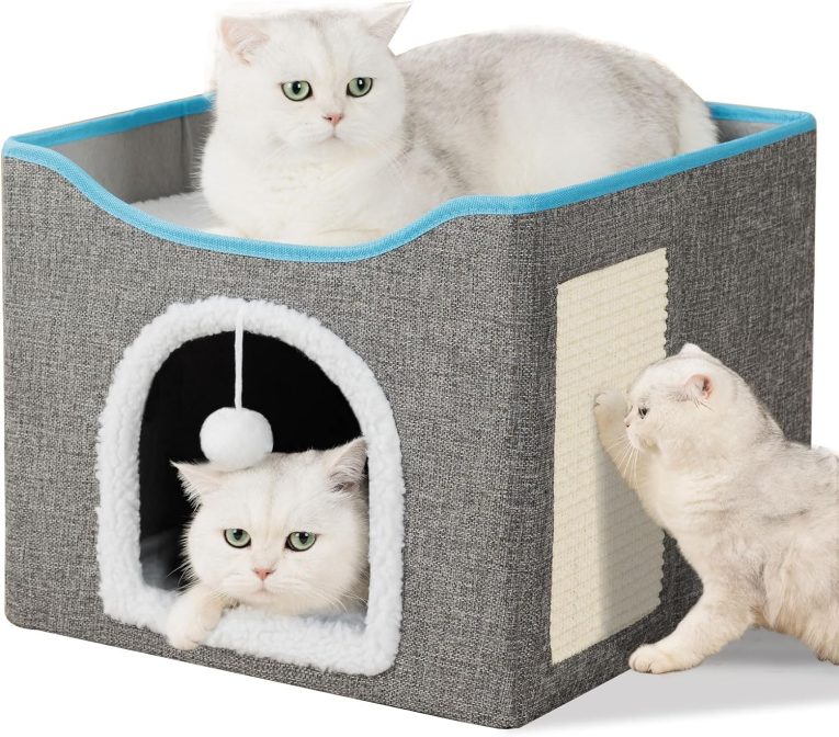 سكاي-تاتش سرير كهف للقطط قابل للطي مع لوح خدش وكرة منفوشة، سرير داخلي للقطط والحيوانات الاليفة الصغيرة، رمادي - امن على الحيوانات الاليفة، متين، 41 × 41 × 35 سم