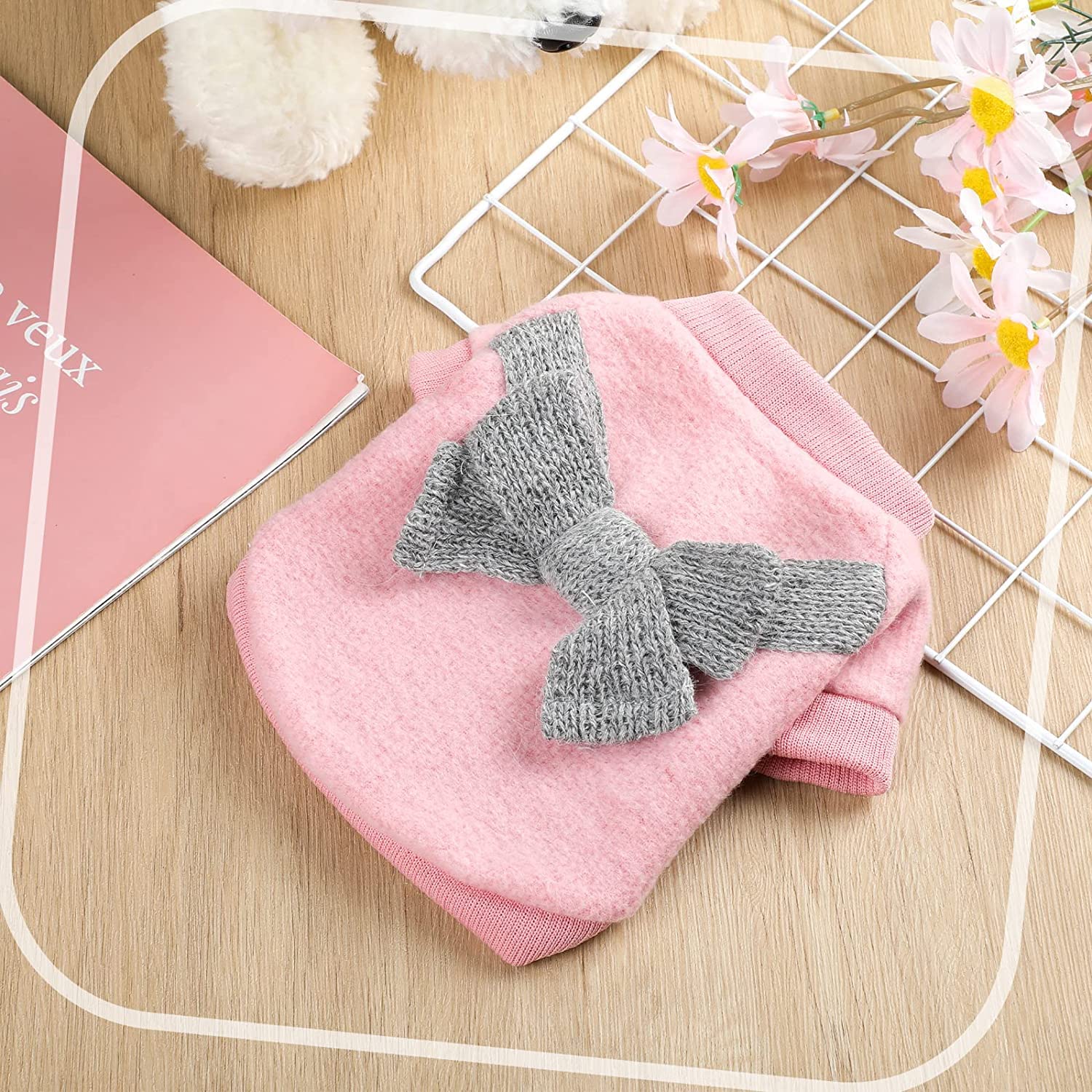 سيوسى سويتر تريكو للحيوانات الاليفة، سترة سترة دافئة للقطط، معطف صغير للجراء والكلاب، للقطط والجراء (زهري ورمادي)