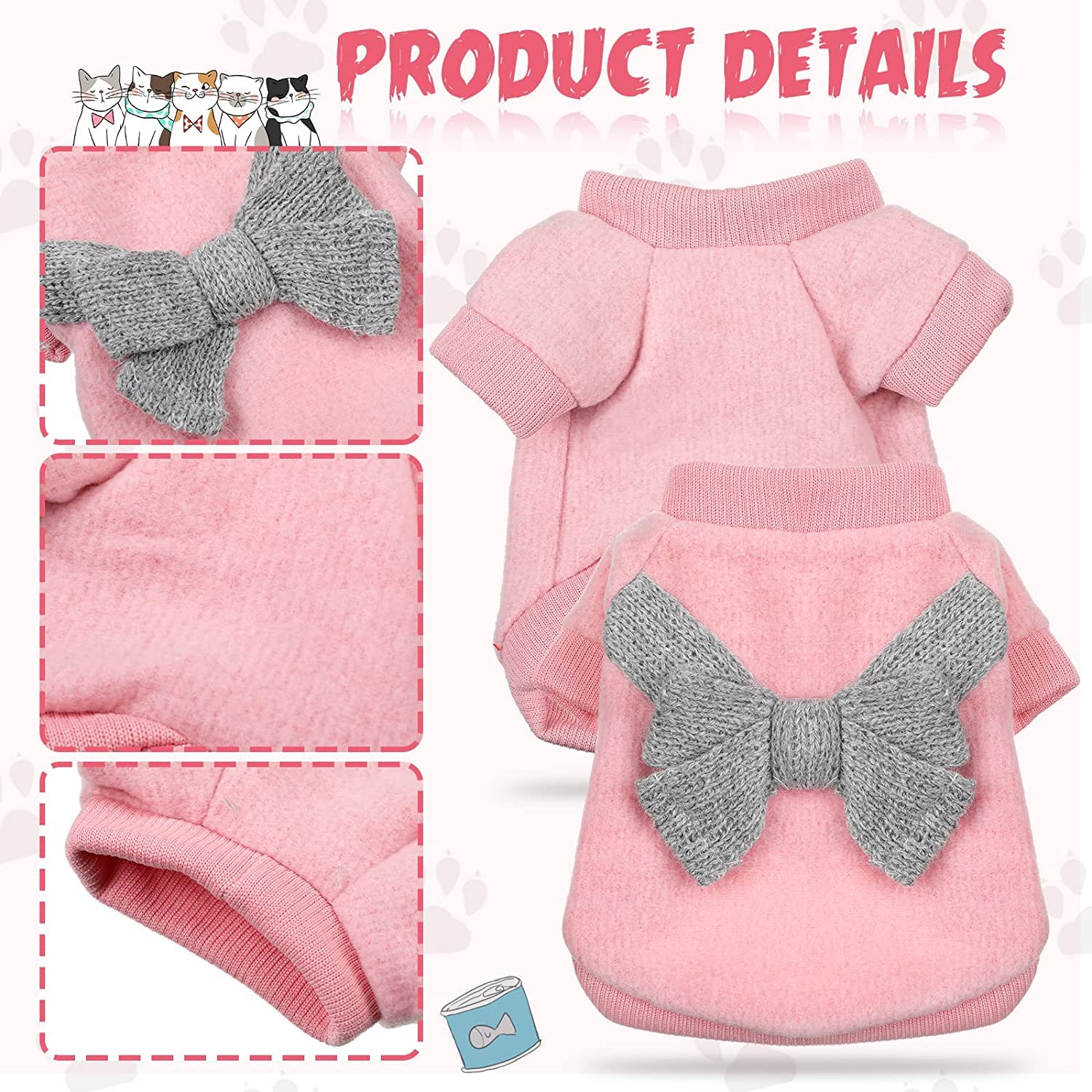 سيوسى سويتر تريكو للحيوانات الاليفة، سترة سترة دافئة للقطط، معطف صغير للجراء والكلاب، للقطط والجراء (زهري ورمادي)