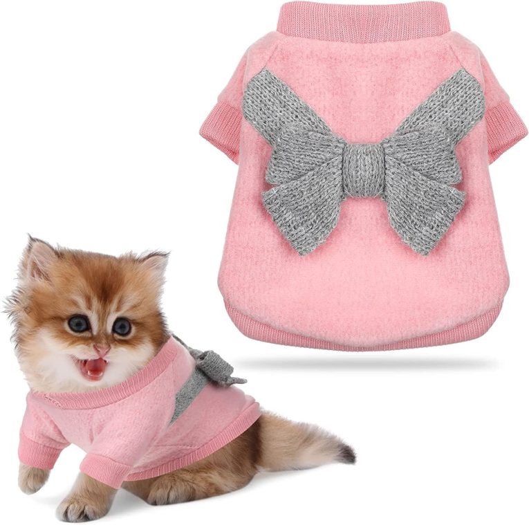 سيوسى سويتر تريكو للحيوانات الاليفة، سترة سترة دافئة للقطط، معطف صغير للجراء والكلاب، للقطط والجراء (زهري ورمادي)
