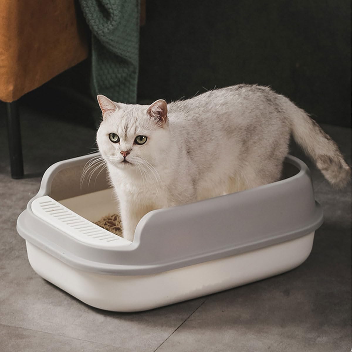 صندوق فضلات القطط مفتوح وكبير الحجم من اي سي في في - 50.5 (طول) × 35.5 (عرض) × 17 سم (ارتفاع) - أبيض، مقاس L، تصميم عصري، مصنوع من مادة البولي بروبيلين، لمالكي القطط