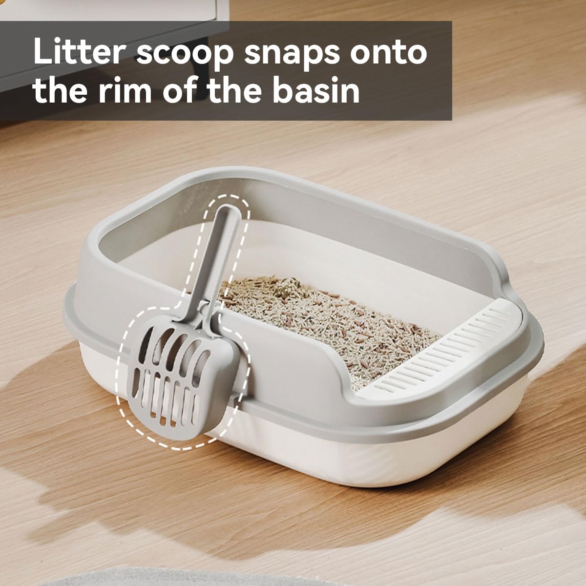 صندوق فضلات القطط مفتوح وكبير الحجم من اي سي في في - 50.5 (طول) × 35.5 (عرض) × 17 سم (ارتفاع) - أبيض، مقاس L، تصميم عصري، مصنوع من مادة البولي بروبيلين، لمالكي القطط