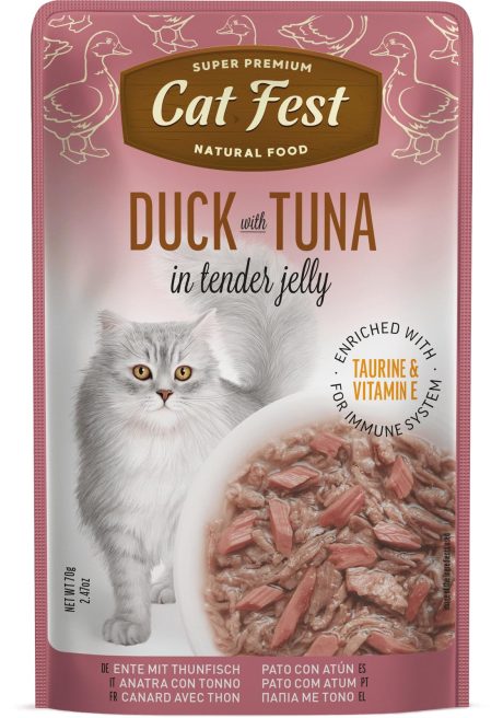 طعام القطط الرطب من لحم البط مع تونة في هلام طري غني بالتوراين وفيتامين E لصحة القلب والعضلات والمناعة، مناسب للقطط البالغة من كات فيست، 70 جم