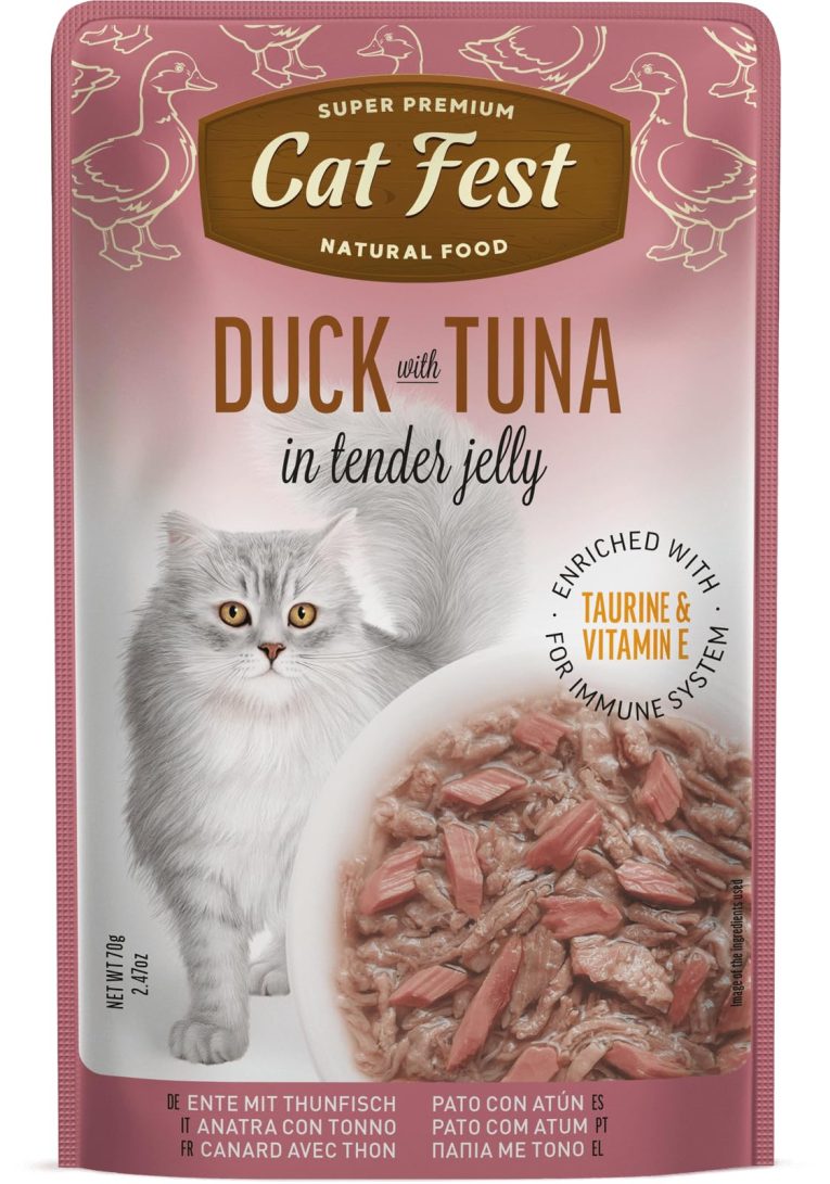 طعام القطط الرطب من لحم البط مع تونة في هلام طري غني بالتوراين وفيتامين E لصحة القلب والعضلات والمناعة، مناسب للقطط البالغة من كات فيست، 70 جم