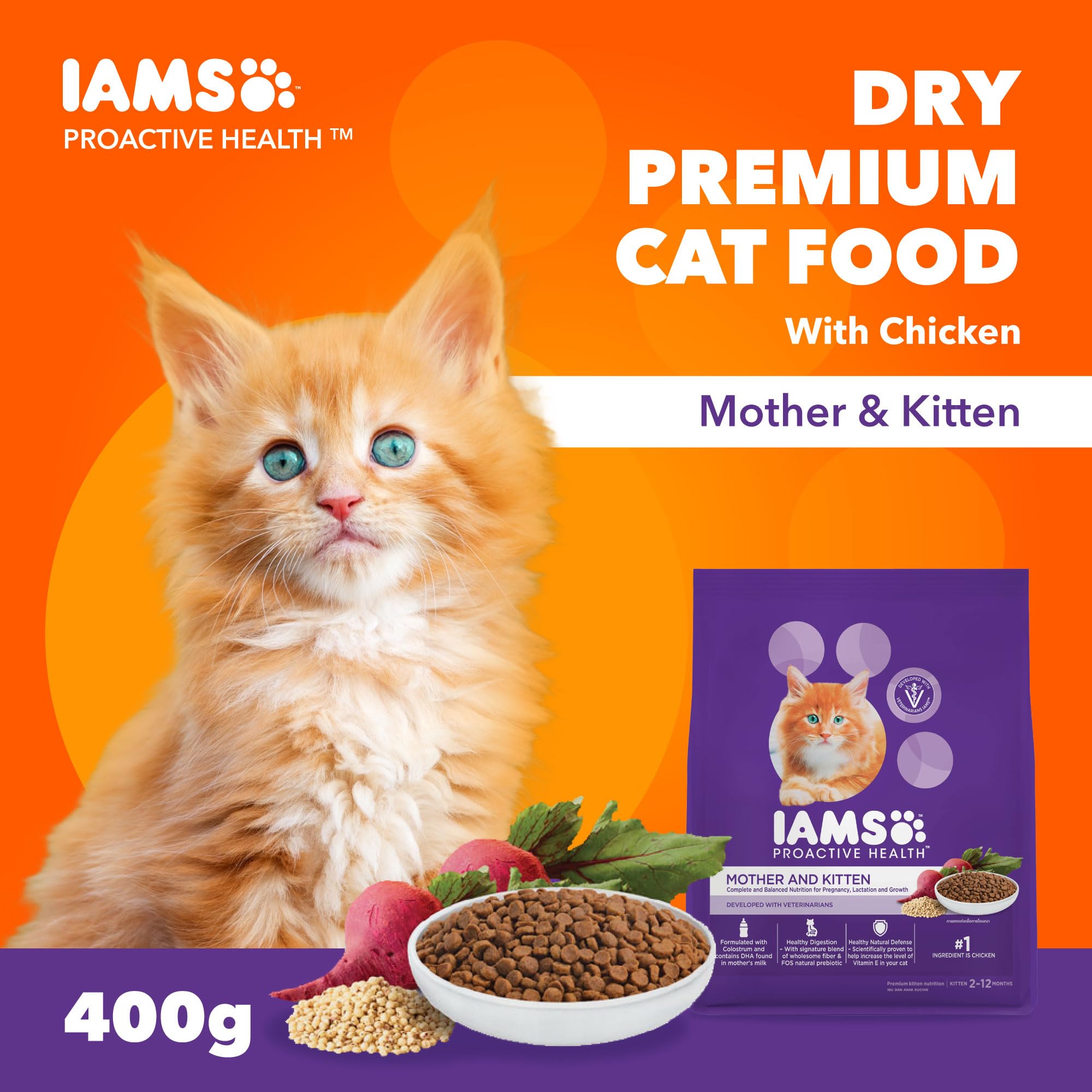 طعام جاف برواكتيف هيلث للقطط بنكهة الدجاج من ايمس، 400 جم