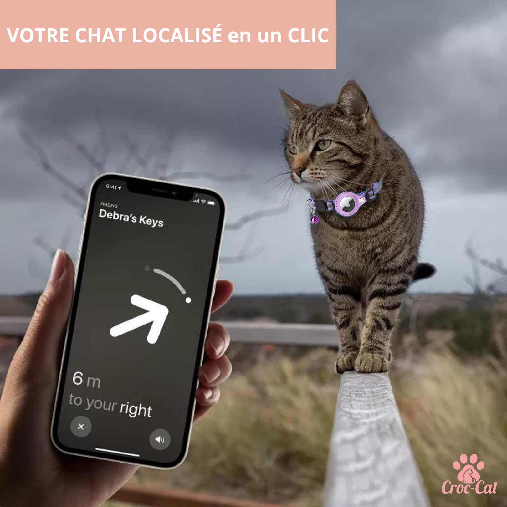 طوق اير تاغ للقطط من كروك-كات®، اكسسوار متوافق مع ابل ايرتاج، طوق مع مشبك امان مضاد للاختناق للقطط والقطط والكلاب الصغيرة، لا يتضمن جهاز تحديد المواقع، ارجواني