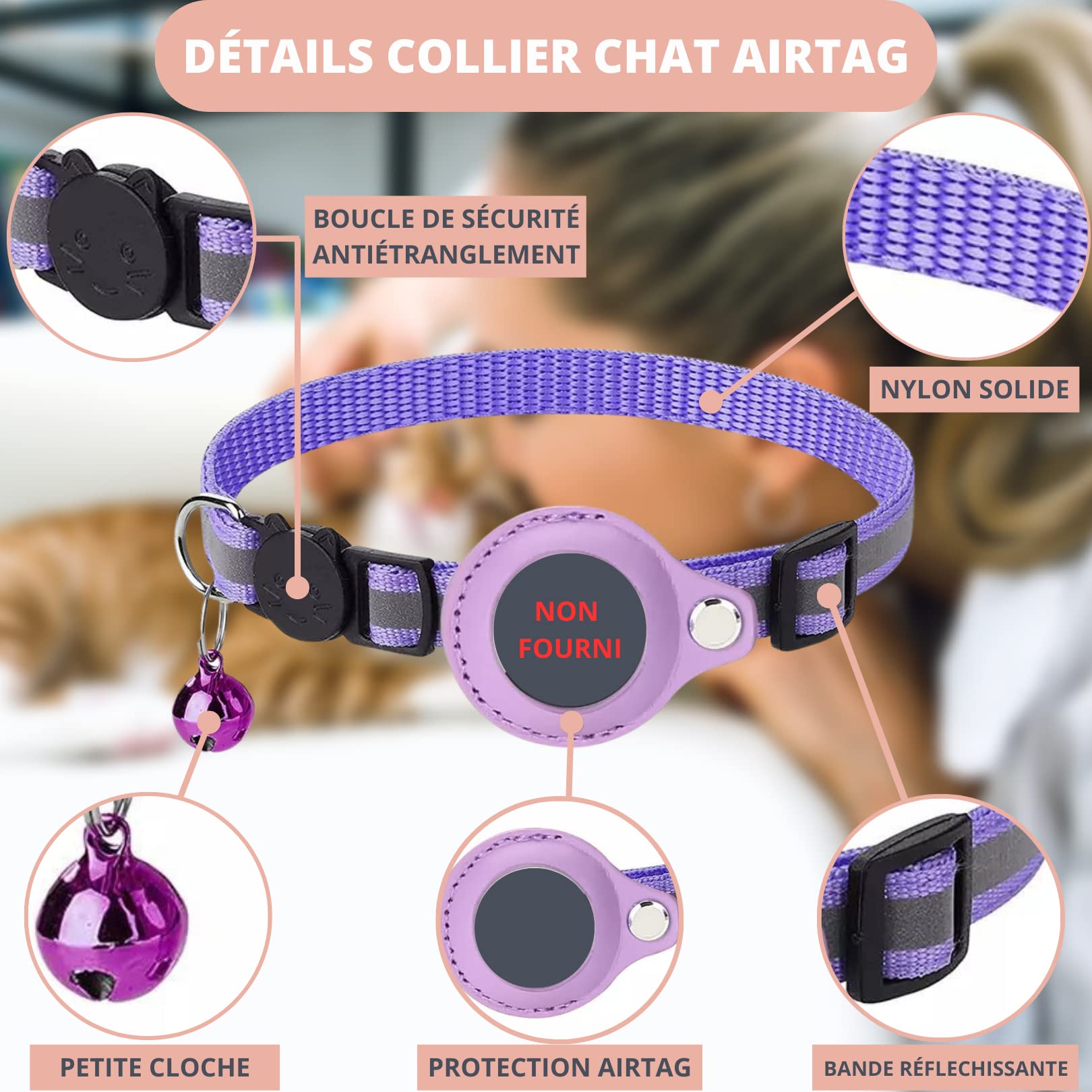 طوق اير تاغ للقطط من كروك-كات®، اكسسوار متوافق مع ابل ايرتاج، طوق مع مشبك امان مضاد للاختناق للقطط والقطط والكلاب الصغيرة، لا يتضمن جهاز تحديد المواقع، ارجواني