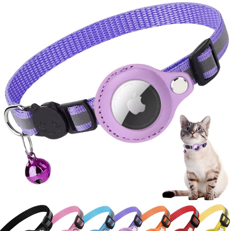 طوق اير تاغ للقطط من كروك-كات®، اكسسوار متوافق مع ابل ايرتاج، طوق مع مشبك امان مضاد للاختناق للقطط والقطط والكلاب الصغيرة، لا يتضمن جهاز تحديد المواقع، ارجواني