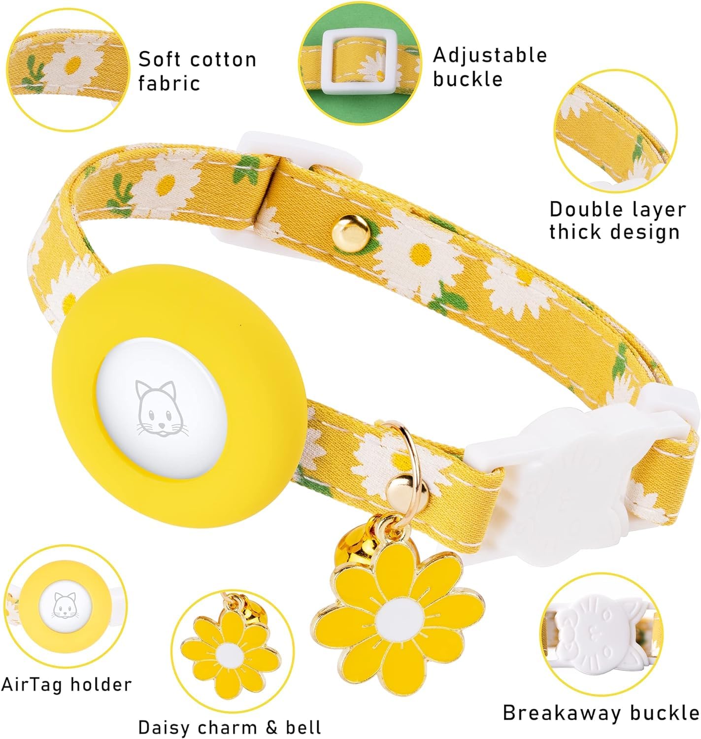 طوق ايرتاج للقطط من زابيس، طوق قابل للفصل مع حامل ايرتاج من السيليكون، اجراس وزهرة للبنات والقطط والاولاد والقطط والكلاب الصغيرة (يتضمن طبقة واقية لجهاز ايرتاج متضمنة) (اصفر)