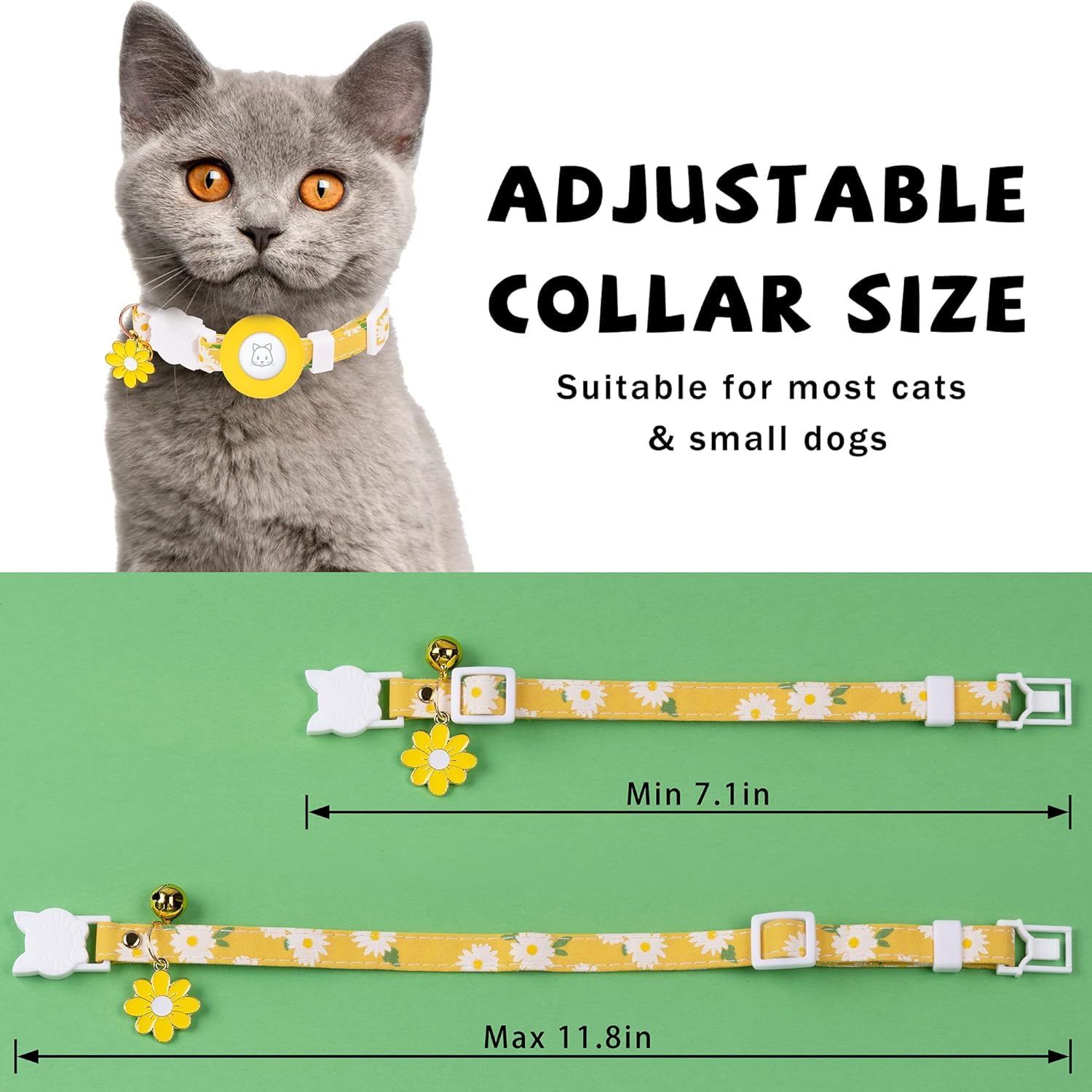 طوق ايرتاج للقطط من زابيس، طوق قابل للفصل مع حامل ايرتاج من السيليكون، اجراس وزهرة للبنات والقطط والاولاد والقطط والكلاب الصغيرة (يتضمن طبقة واقية لجهاز ايرتاج متضمنة) (اصفر)
