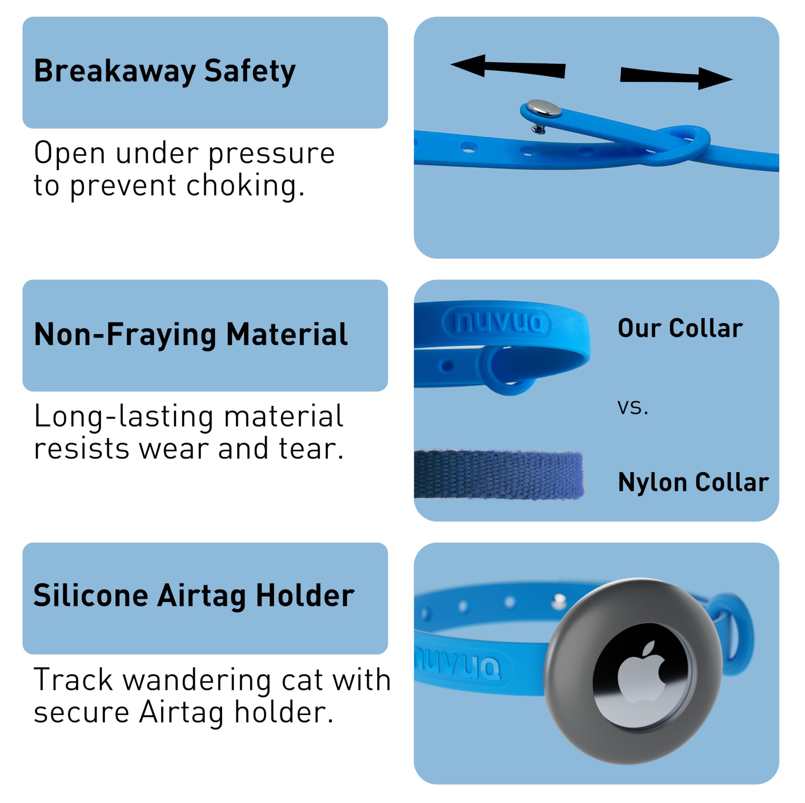 طوق قابل للفصل للقطط من ايرتاغ - طوق بمشبك امان ناعم ومريح وخفيف الوزن مع حامل جهاز تتبع GPS للقطط الخارجية والقطط الحساسة من نوفوك (6 انش الى 10 ¼ انش، ازرق)