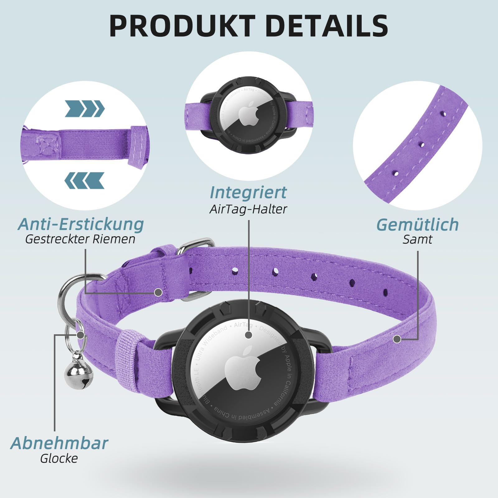 طوق قطة مخملي من ايرتاغ، اطواق قطط مدمجة من ابل اير تاج، نظام تحديد المواقع مع حامل ايرتاج وجرس، جهاز تتبع خفيف الوزن، للبنات والاولاد [ارجواني، XS]