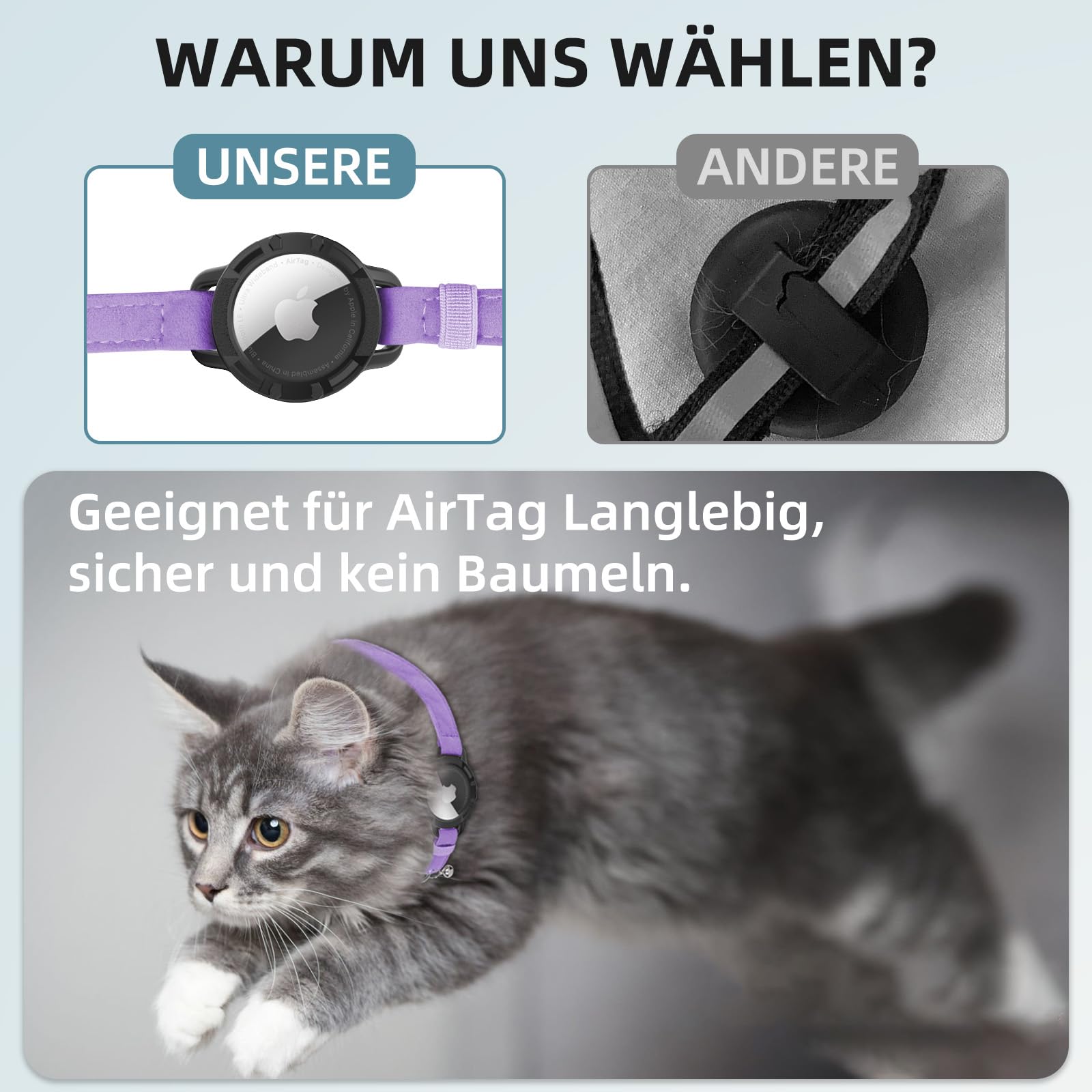طوق قطة مخملي من ايرتاغ، اطواق قطط مدمجة من ابل اير تاج، نظام تحديد المواقع مع حامل ايرتاج وجرس، جهاز تتبع خفيف الوزن، للبنات والاولاد [ارجواني، XS]