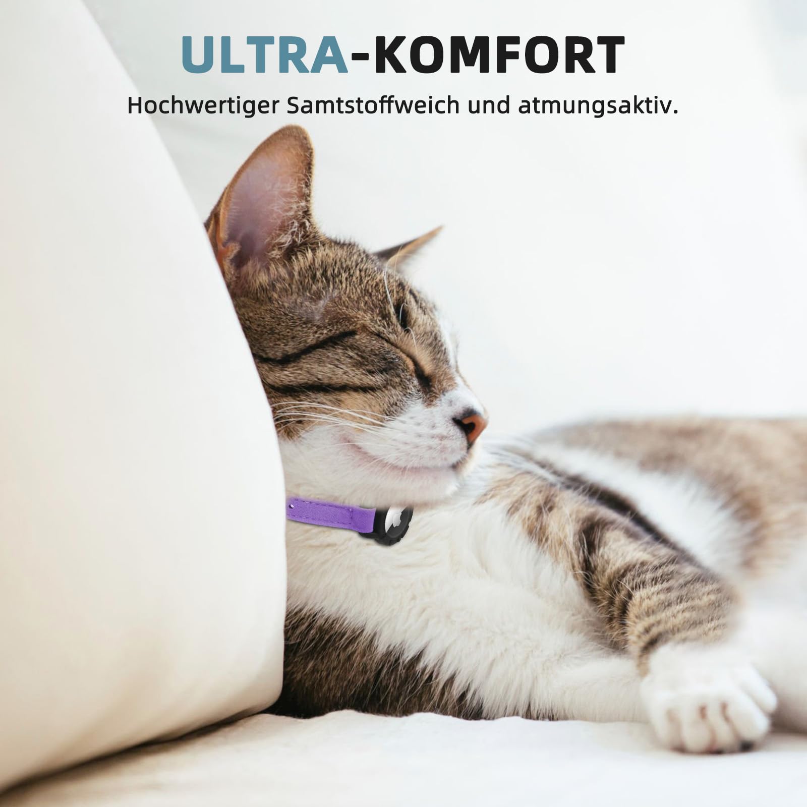 طوق قطة مخملي من ايرتاغ، اطواق قطط مدمجة من ابل اير تاج، نظام تحديد المواقع مع حامل ايرتاج وجرس، جهاز تتبع خفيف الوزن، للبنات والاولاد [ارجواني، XS]