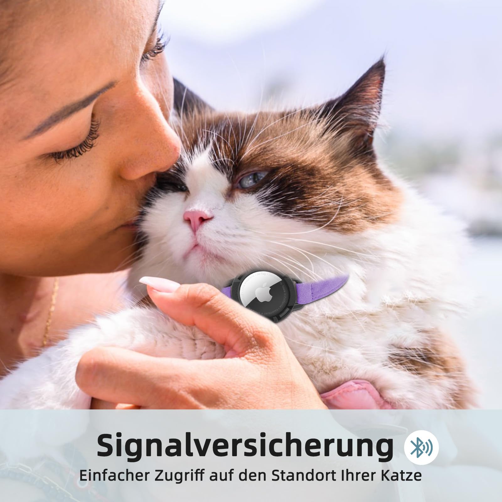 طوق قطة مخملي من ايرتاغ، اطواق قطط مدمجة من ابل اير تاج، نظام تحديد المواقع مع حامل ايرتاج وجرس، جهاز تتبع خفيف الوزن، للبنات والاولاد [ارجواني، XS]