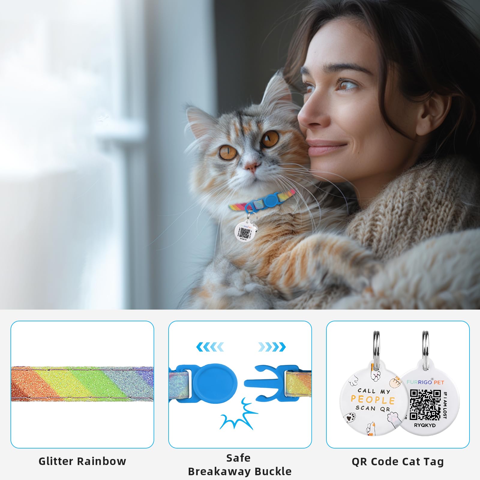 طوق قطط قابل للفصل مع بطاقة اسم رمز الاستجابة السريعة، اطواق عاكسة للقطط مع جرس، بطاقة تعريف مخصصة للقطط، متينة للغاية، قابلة للتعديل، سريعة الفك، تناسب معظم القطط الصغيرة والكبيرة (8 انش - 13.3 انش)