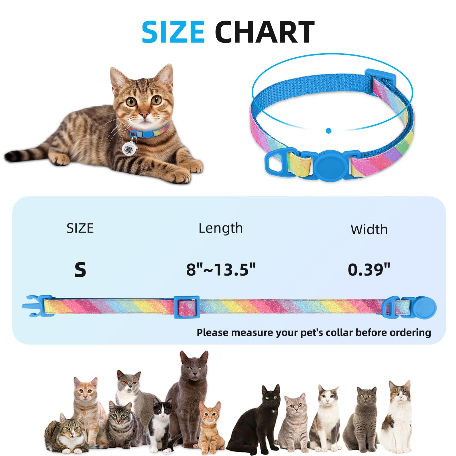 طوق قطط قابل للفصل مع بطاقة اسم رمز الاستجابة السريعة، اطواق عاكسة للقطط مع جرس، بطاقة تعريف مخصصة للقطط، متينة للغاية، قابلة للتعديل، سريعة الفك، تناسب معظم القطط الصغيرة والكبيرة (8 انش - 13.3 انش)