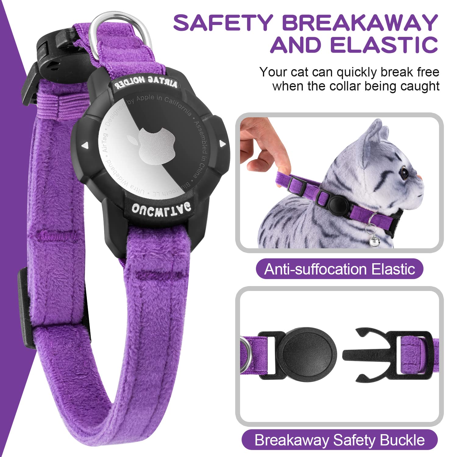 طوق قطط مضيء قابل للفصل، طوق قطط بنظام تحديد المواقع مع حامل جهاز ابل ايرتاج، طوق تتبع القطط مع شريط امان مطاطي للقطط والقطط الصغيرة والجراء من اوكولتاج (23-33 سم، لون ارجواني)