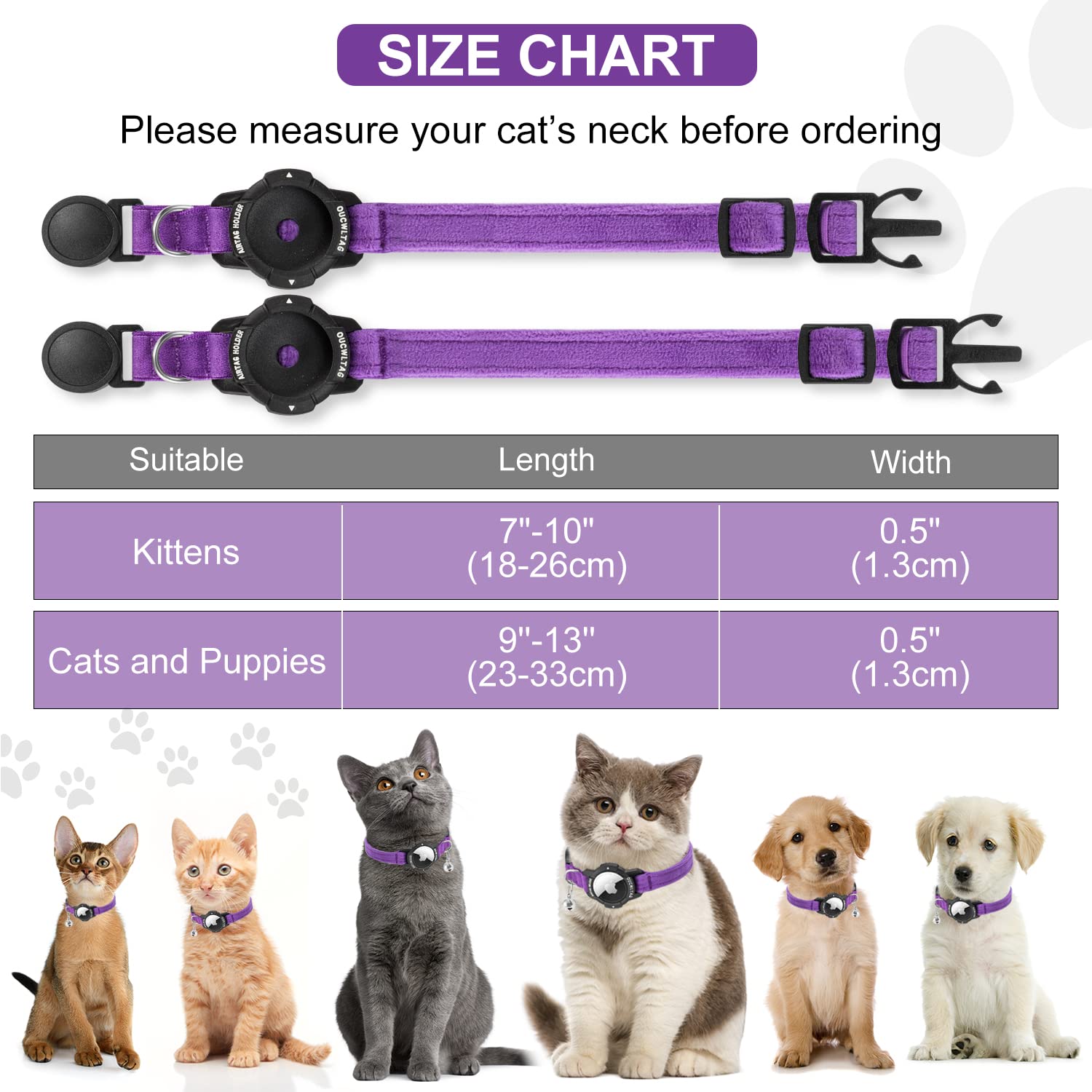 طوق قطط مضيء قابل للفصل، طوق قطط بنظام تحديد المواقع مع حامل جهاز ابل ايرتاج، طوق تتبع القطط مع شريط امان مطاطي للقطط والقطط الصغيرة والجراء من اوكولتاج (23-33 سم، لون ارجواني)