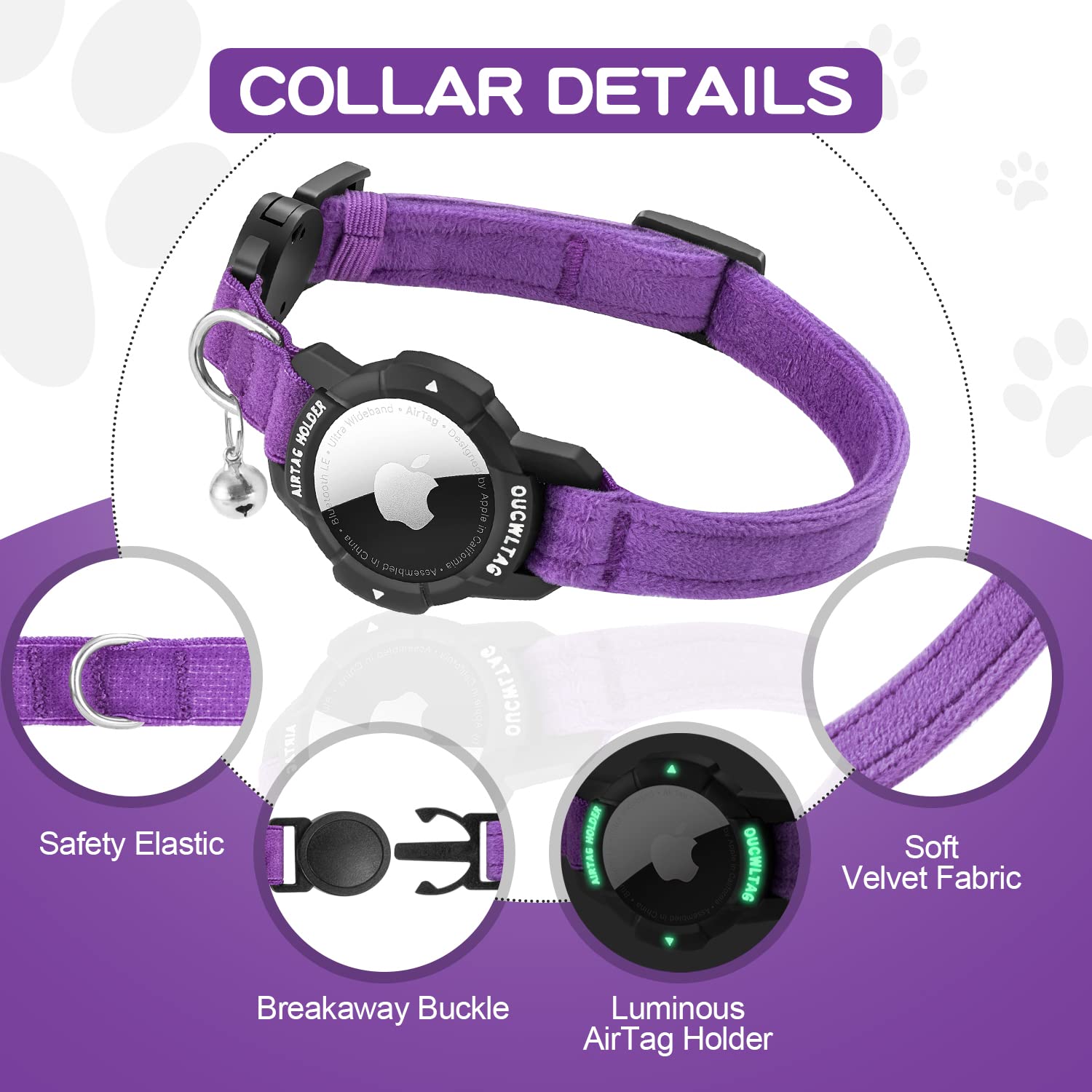 طوق قطط مضيء قابل للفصل، طوق قطط بنظام تحديد المواقع مع حامل جهاز ابل ايرتاج، طوق تتبع القطط مع شريط امان مطاطي للقطط والقطط الصغيرة والجراء من اوكولتاج (18-25 سم، لون أرجواني)