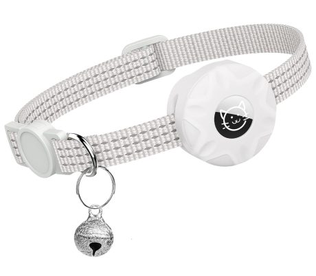 طوق للقطط من ايرتاج، طوق امان قابل للتعديل للحيوانات الاليفة مع حافظة مقاومة للماء - لحامل ابل ايرتاج (ايرتاج غير متضمن)، تصميم جرس 19-32 سم مناسب للكلاب الصغيرة والقطط (رمادي فضي)