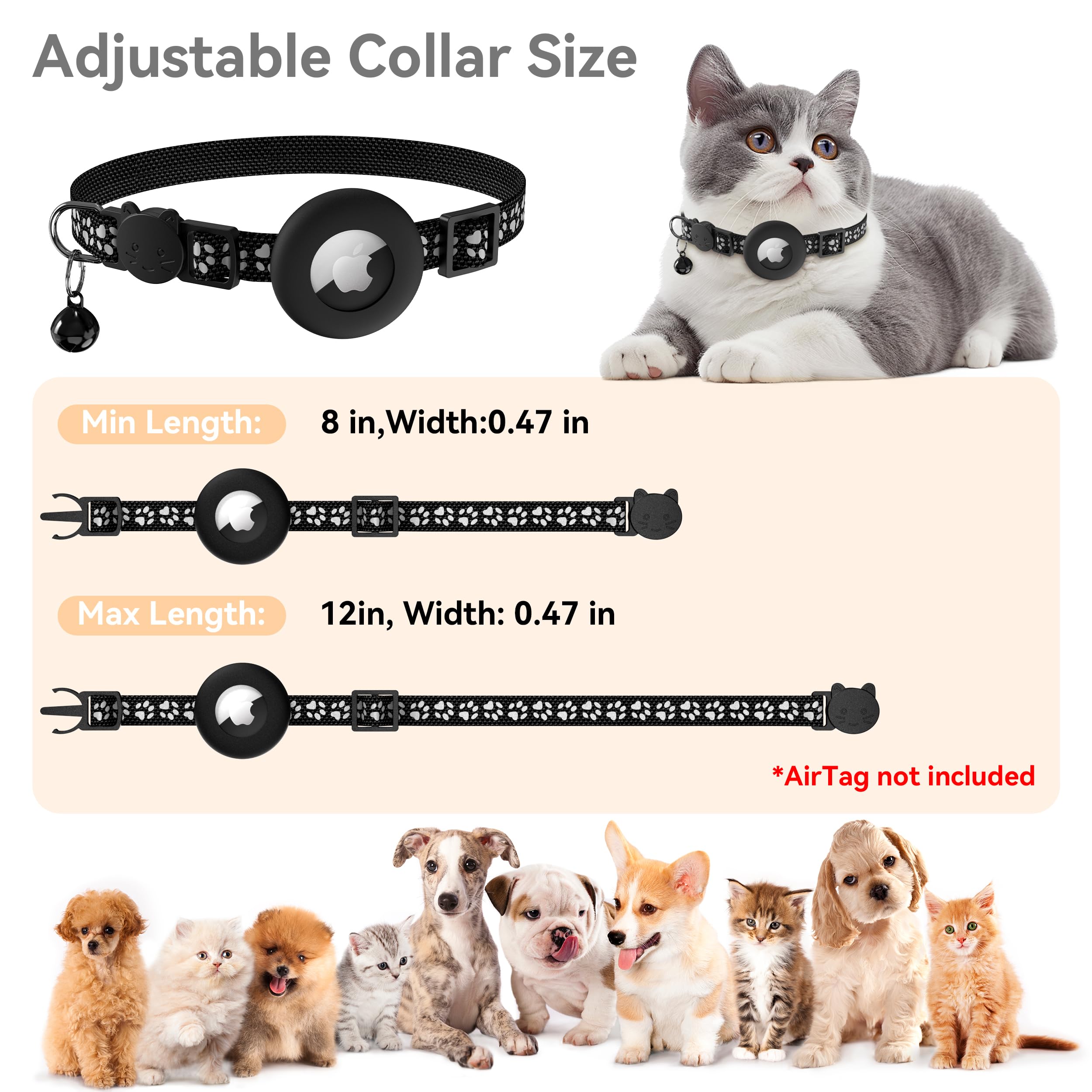 طوق للقطط من ايرتاج، طوق عاكس للضوء للقطط الصغيرة مع حامل ابل اير تاج وجرس للقطط، عرض 0.4 انش وخفيف الوزن (اسود مخطط)