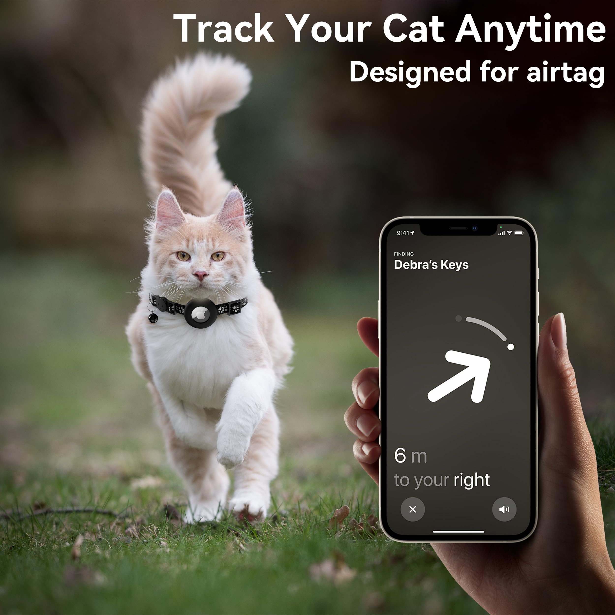 طوق للقطط من ايرتاج، طوق عاكس للضوء للقطط الصغيرة مع حامل ابل اير تاج وجرس للقطط، عرض 0.4 انش وخفيف الوزن (اسود مخطط)