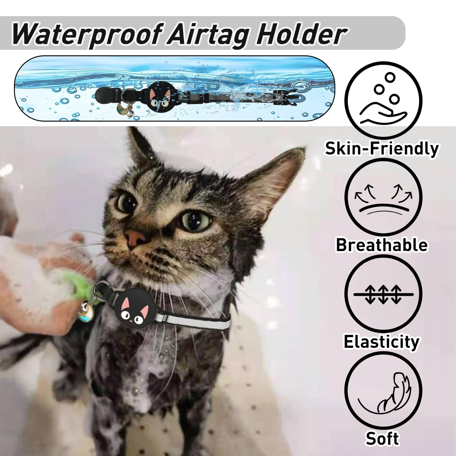 طوق للقطط من لاكسدامر، طوق عاكس قابل للتعديل مع جرس، تصميم امن قابل للفصل، متوافق مع جهاز تتبع ايرتاج لتحديد المواقع للقطط الصغيرة والمتوسطة، خفيف الوزن ومضاد للضياع (اسود)