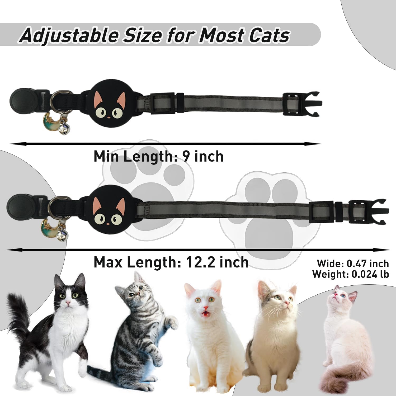 طوق للقطط من لاكسدامر، طوق عاكس قابل للتعديل مع جرس، تصميم امن قابل للفصل، متوافق مع جهاز تتبع ايرتاج لتحديد المواقع للقطط الصغيرة والمتوسطة، خفيف الوزن ومضاد للضياع (اسود)