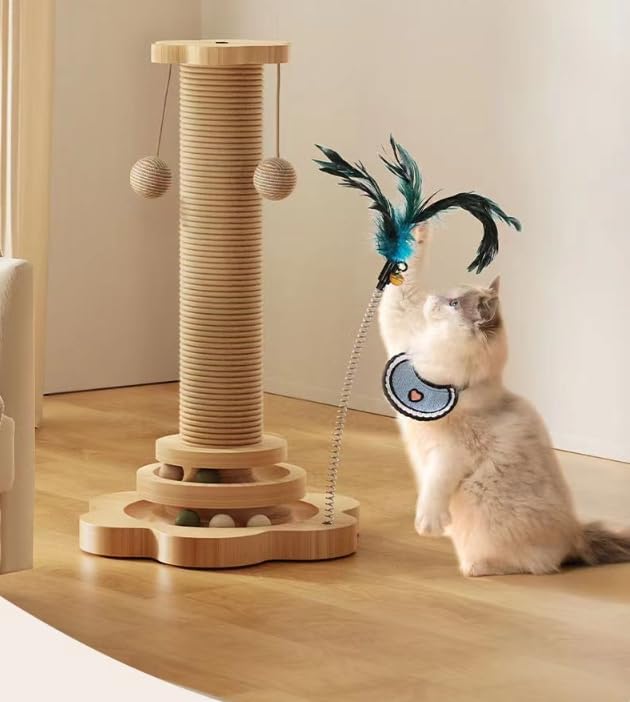 عمود خدش للقطط للاستخدام الداخلي للقطط الصغيرة والمتوسطة مكون من عمود خشبي مع مسار للكرات وكرتين من النعناع البري من بابوريتش، 45.7 سم