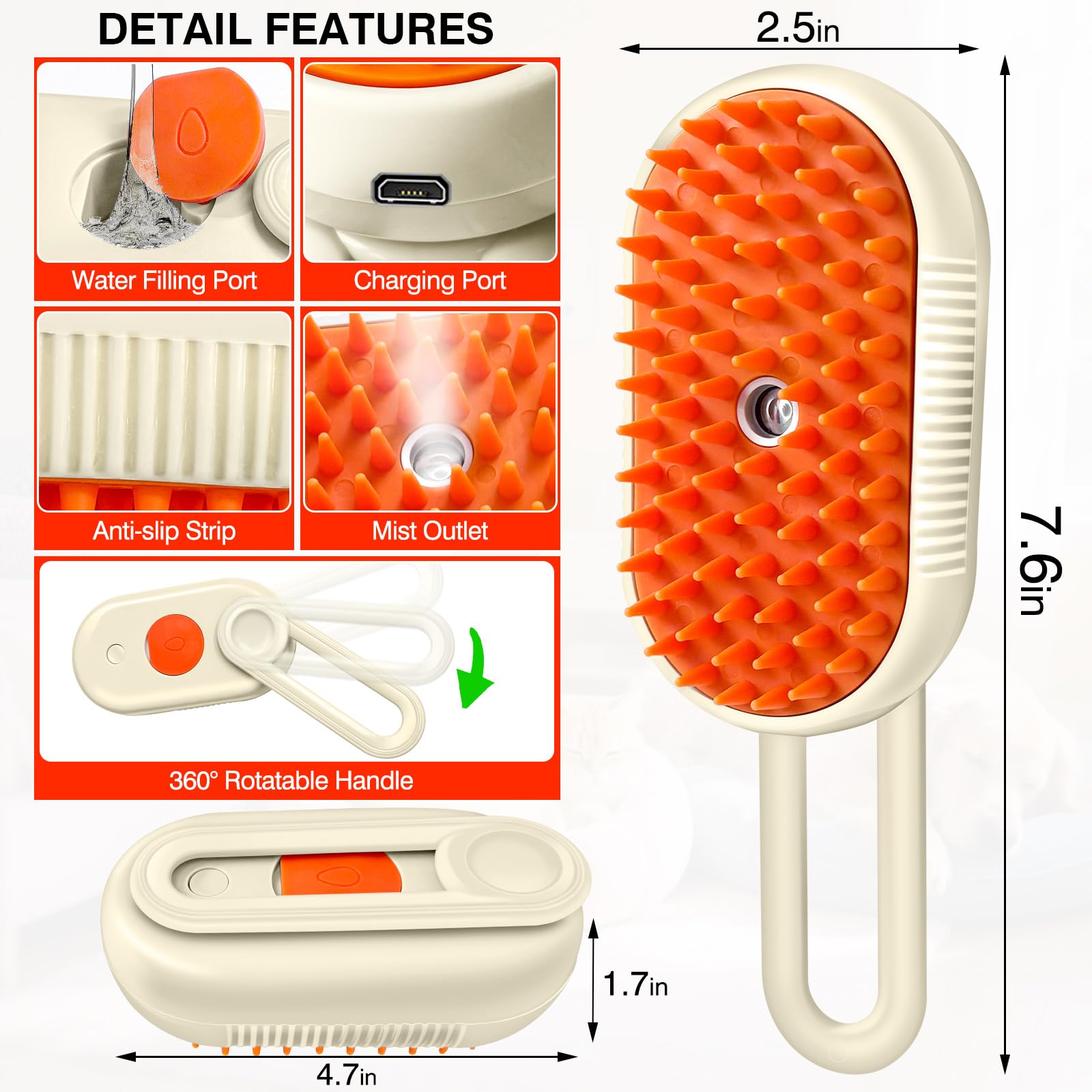 فرشاة بخار للقطط 4 في 1، مشط ذاتي التنظيف للحيوانات الاليفة للتساقط والتزيين، فرشاة بخاخ لازالة الشعر للشعر الطويل والقصير للكلاب والقطط