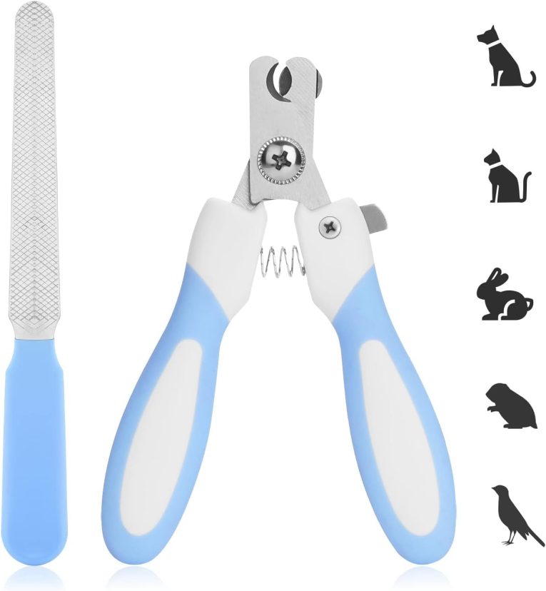 قصافة أظافر للكلاب مع مبرد أظافر من فولاذ مقاوم للصدأ، قصافة أظافر الحيوانات الأليفة مناسبة للجراء والقطط الصغيرة مع قفل أمان وواقي لتجنب القص الزائد من مومو بير (أزرق)