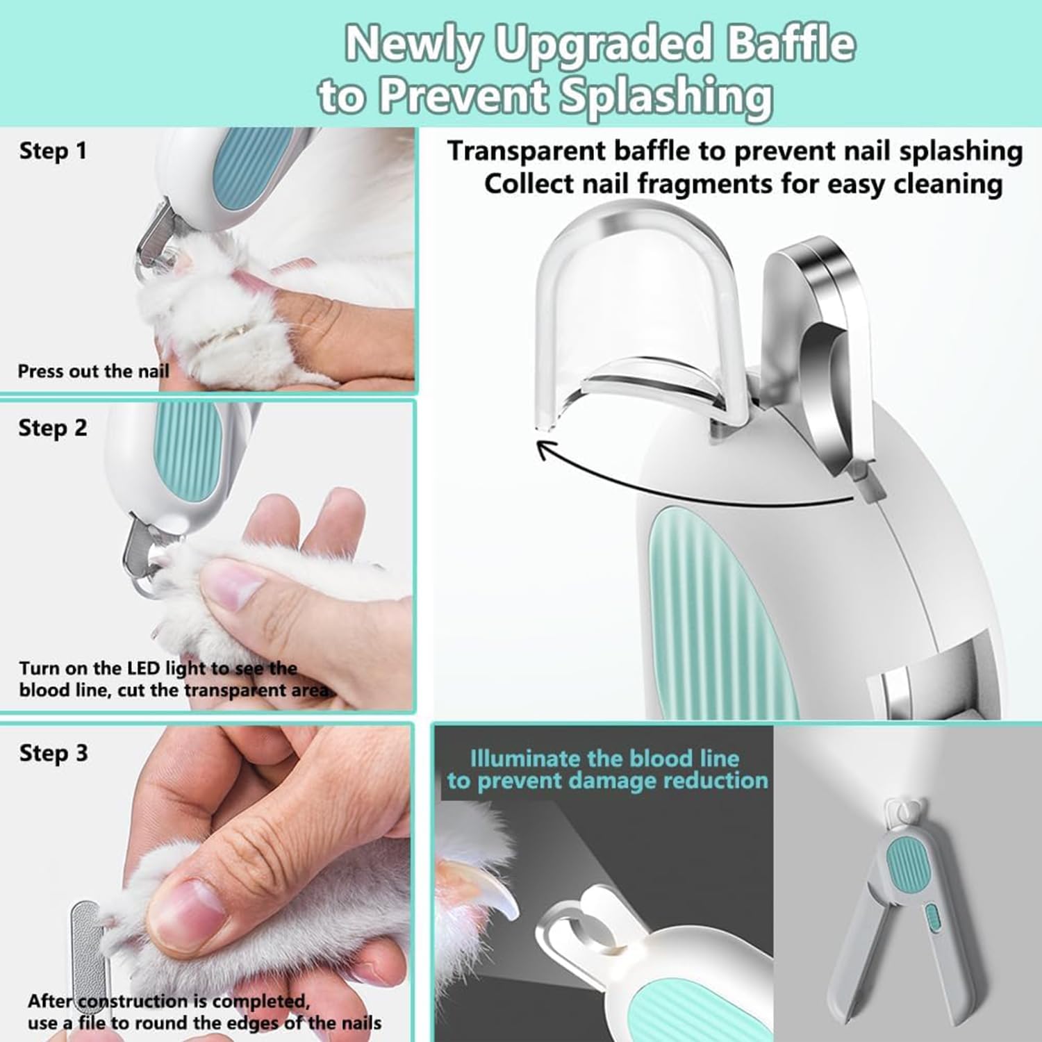 قصافة اظافر الحيوانات الاليفة من بوكيلا، اداة تشذيب للكلاب مع واقي امان مع ضوء LED وقطاعة اظافر واقية من الرذاذ للقطط في الاماكن المغلقة، اداة تشذيب احترافية للقطط الصغيرة