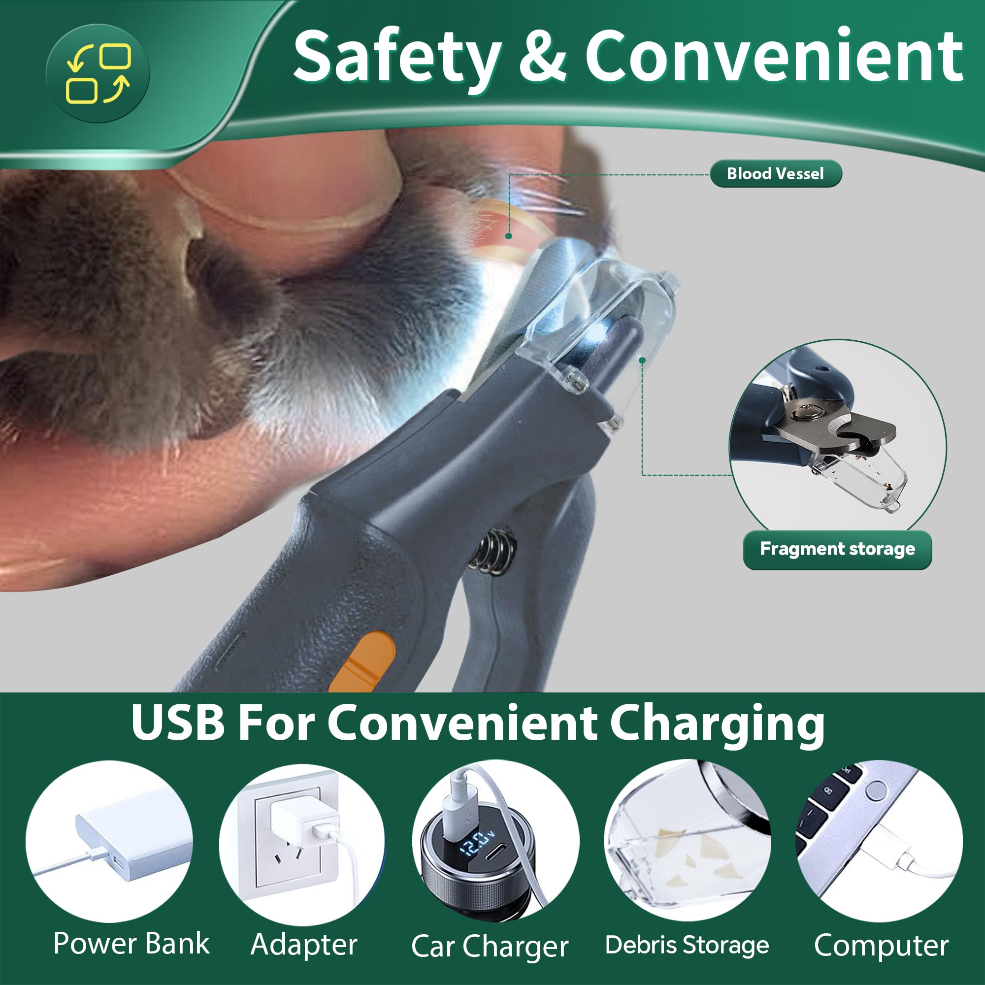 قصافة اظافر الكلاب والقطط 2 في 1 من كاتبيك، مقص اظافر للكلاب الكبيرة والمتوسطة والصغيرة والقطط، مقص سريع وواقي امان قابل لاعادة الشحن بمنفذ USB مع مصباحين LED لتشذيب اظافر الكلاب