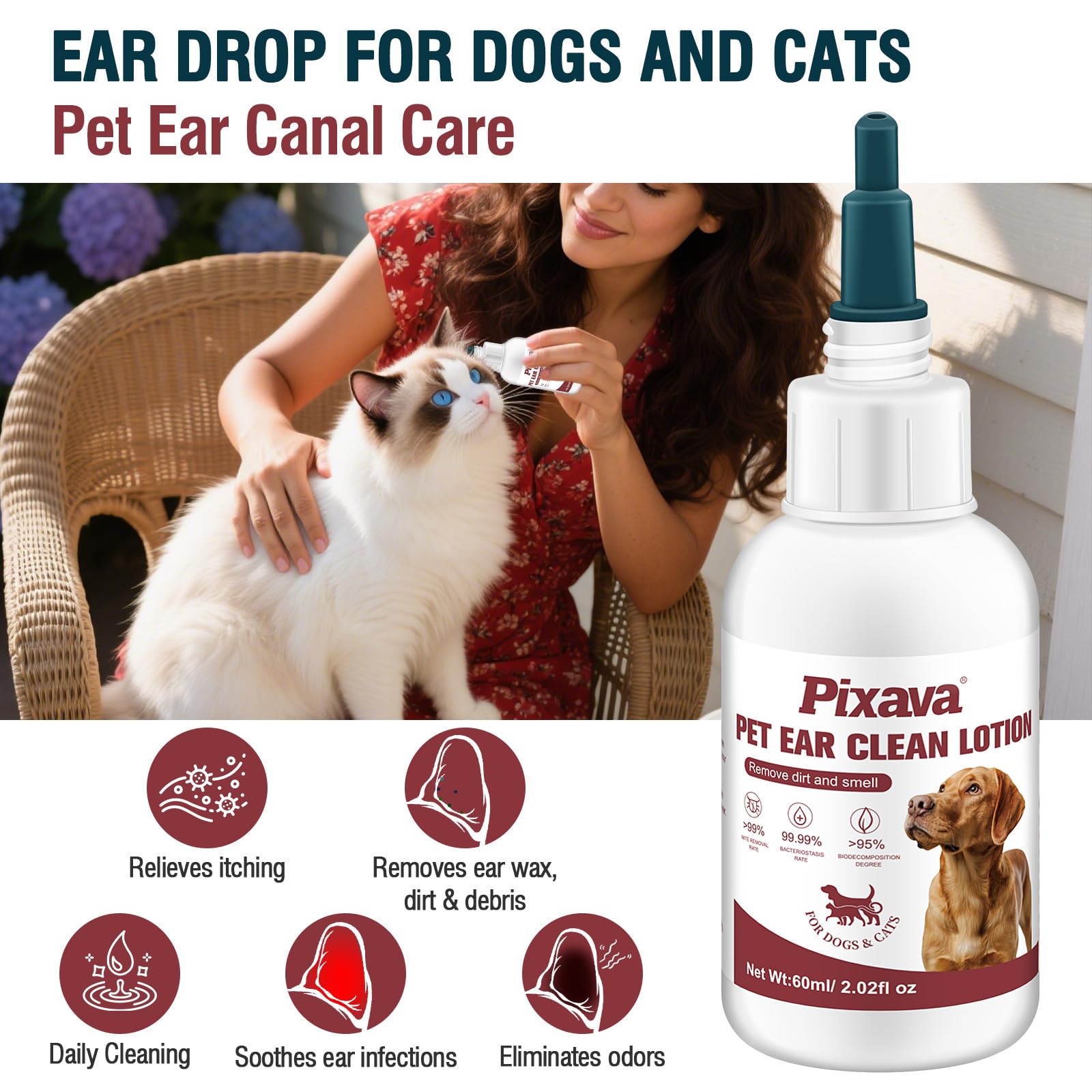 قطرات علاج عدوى اذن الكلاب، منظف اذن الكلب للمساعدة في ازالة الحطام والرائحة للقطط والكلاب، محلول منظف الاذن