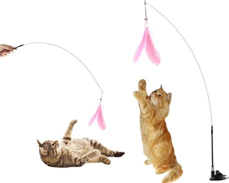 لعبة تفاعلية اوتوماتيكية للقطط من جيه كيه جيه اند زد اكس زد - عصا تشويق مع ريش طيور طبيعي واكواب شفط لممارسة مطاردة الحيوانات الاليفة في الاماكن المغلقة (بينك)