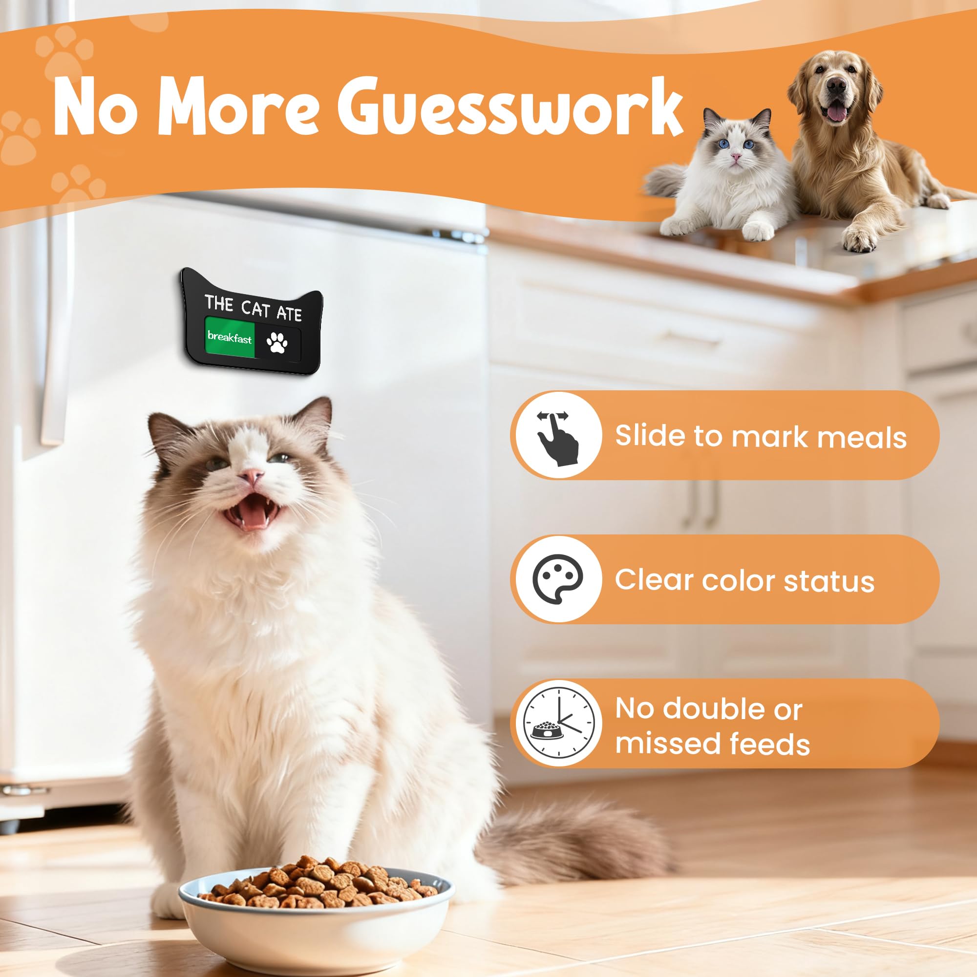 لوازم تذكير بتغذية القطط من ايليت ساين مع مغناطيس، جهاز تتبع وجبات الحيوانات الاليفة مع القط اكل، لافتة تغذية فريدة من نوعها من الاكريليك على شكل اذنين مع الافطار والعشاء، اسود مع ملصقين، 4.7 انش × 3