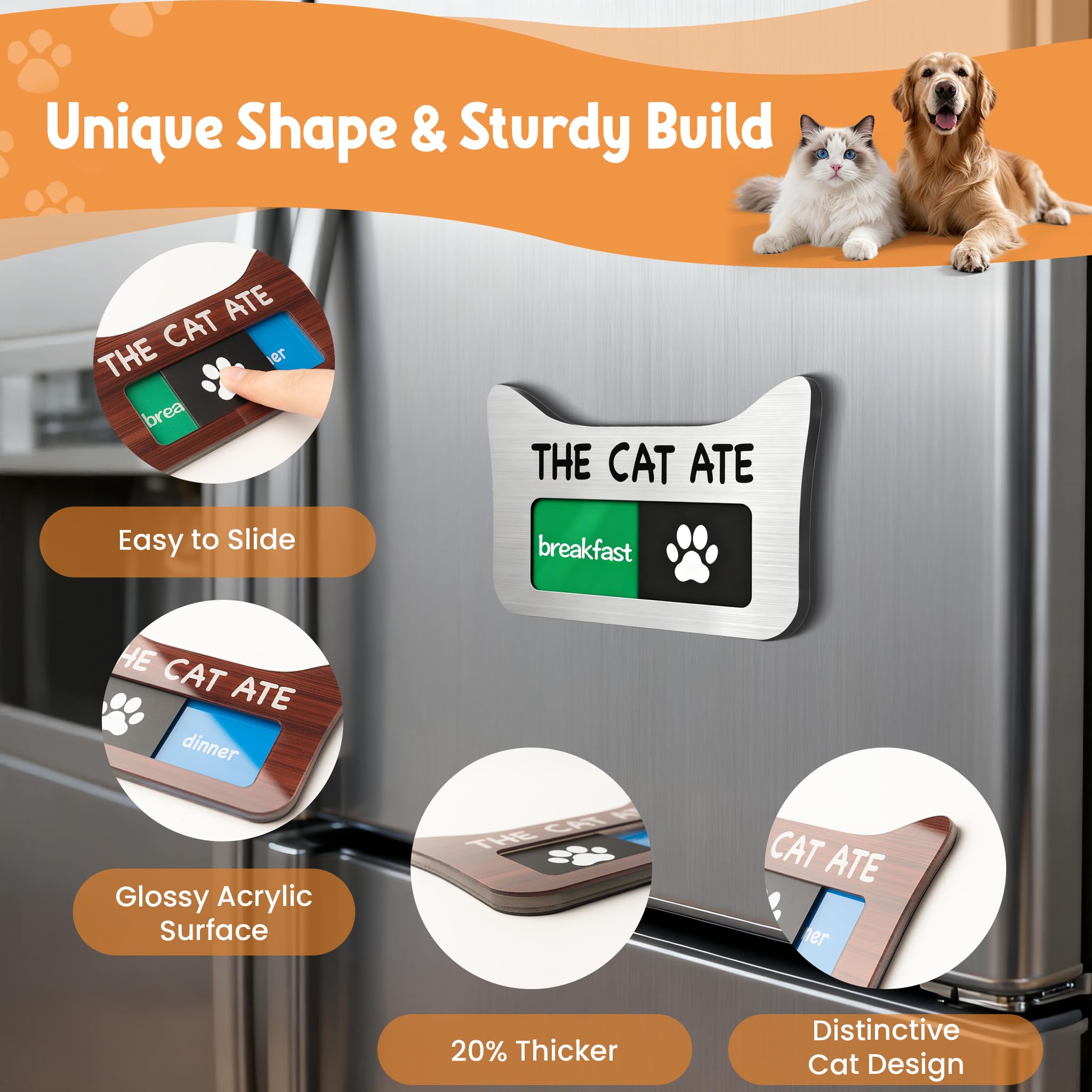 لوازم تذكير بتغذية القطط من ايليت ساين مع مغناطيس، جهاز تتبع وجبات الحيوانات الاليفة مع القط اكل، لافتة تغذية فريدة من نوعها من الاكريليك على شكل اذنين مع الافطار والعشاء، اسود مع ملصقين، 4.7 انش × 3