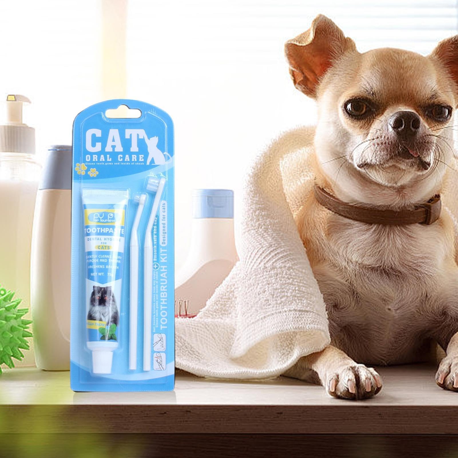 مجموعة اسنان الحيوانات الاليفة للقطط، مجموعة من 3 قطع تتضمن معجون اسنان للقطط، فرشاة اسنان للقطط، تزيل رائحة الفم الكريهة، حل سهل لانعاش النفس وتنظيف الاسنان وازالة البقع، مجموعة العناية بفم الحيوانات