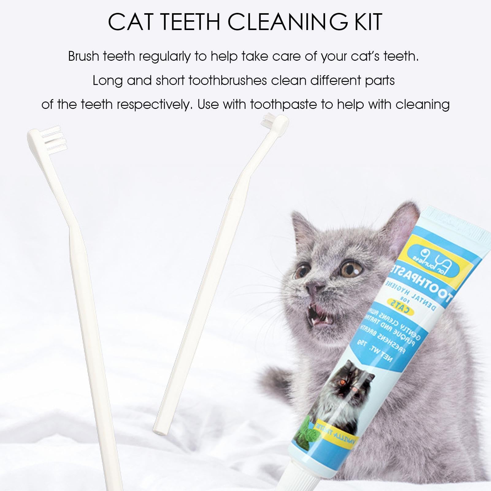 مجموعة اسنان الحيوانات الاليفة للقطط، مجموعة من 3 قطع تتضمن معجون اسنان للقطط، فرشاة اسنان للقطط، تزيل رائحة الفم الكريهة، حل سهل لانعاش النفس وتنظيف الاسنان وازالة البقع، مجموعة العناية بفم الحيوانات