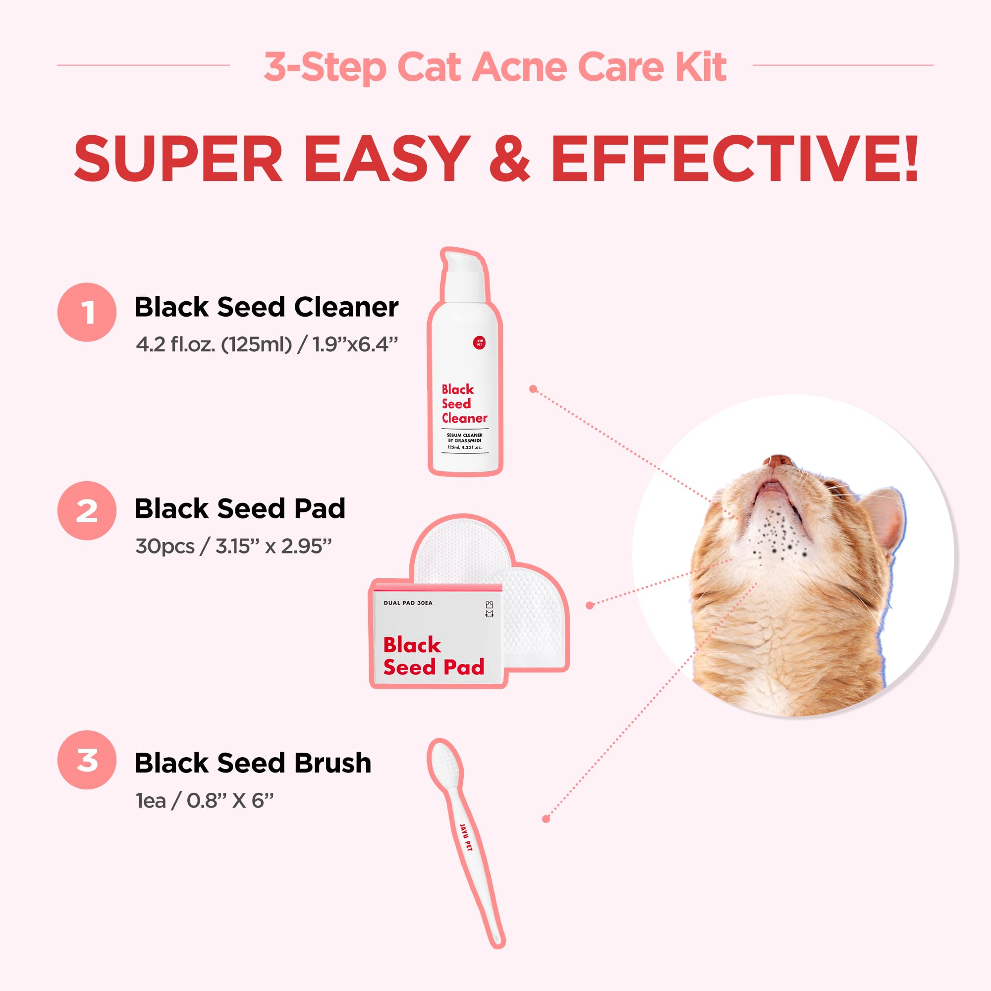 مجموعة العناية بحب الشباب للقطط من 3 خطوات جايو بيت - منظف لا يسبب الحساسية لحب والقطط السوداء 1EA وسادات مزدوجة الجوانب مناديل مبللة 30 قطعة فرشاة سيليكون ناعمة للعناية