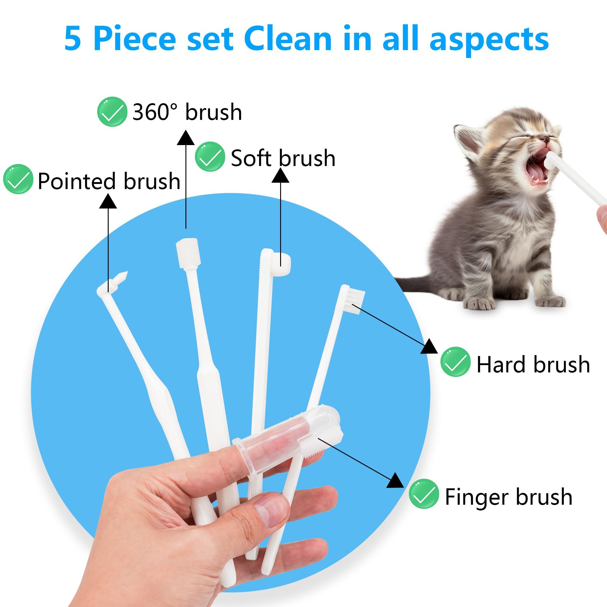مجموعة فرشاة اسنان للقطط والكلاب، مجموعة العناية بالاسنان 5 في 1 للقطط والكلاب، شعيرات ناعمة، تنظيف اسنان متعدد الوظائف، تلبي جميع احتياجات التنظيف، من ازوني، يدوي، ابيض