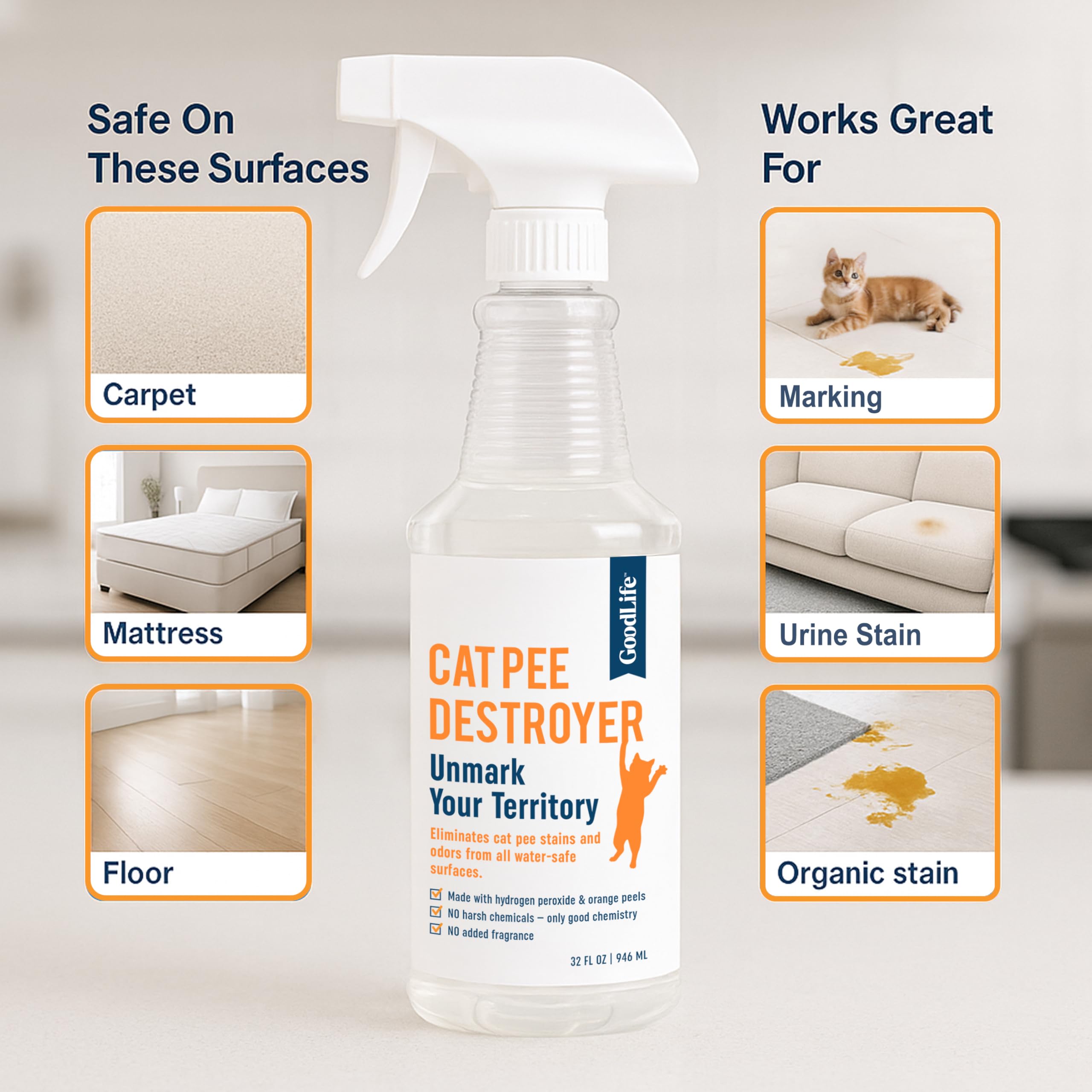 مزيل رائحة بول القطط من جود لايف سولوشنز - مزيل روائح بول القطط للمنزل - مزيل الروائح الكريهة للقطط لصندوق الفضلات والسجاد والمراتب والارائك والاثاث والارضيات - 32 اونصة