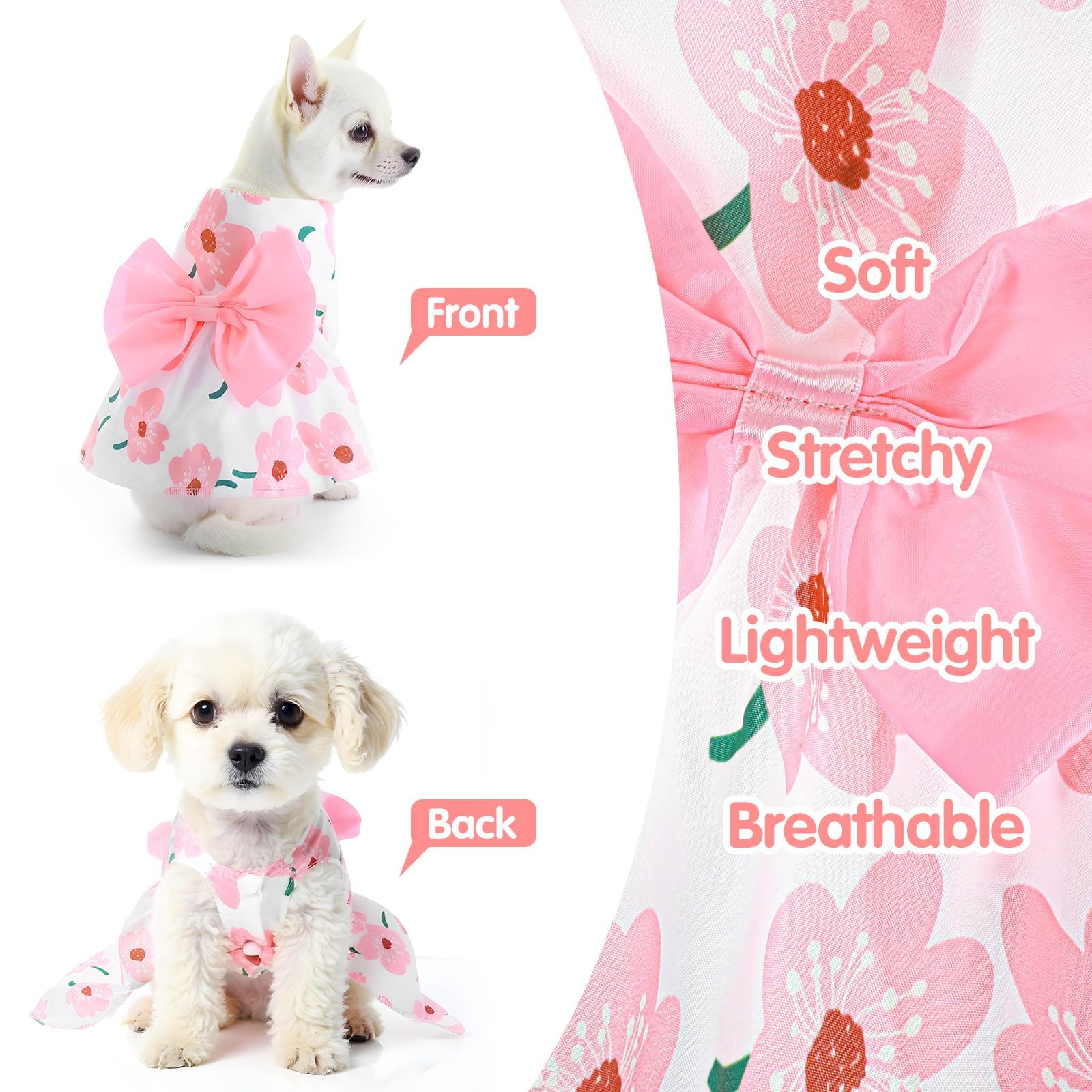 ملابس حيوانات أليفة بتصميم زهور لطيفة للكلاب والقطط الصغيرة والمتوسطة - فستان صيفي خفيف الوزن بربطة فيونكة للجراء والقطط، فساتين للكلاب مريحة وجيدة التهوية للبنات (مقاس XS)