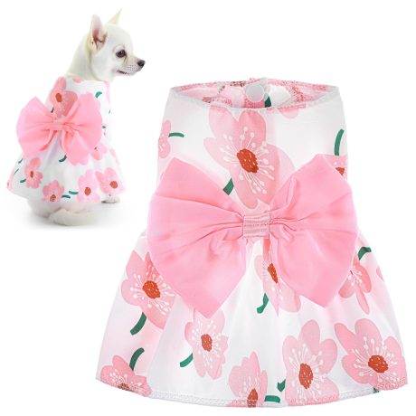 ملابس حيوانات أليفة بتصميم زهور لطيفة للكلاب والقطط الصغيرة والمتوسطة - فستان صيفي خفيف الوزن بربطة فيونكة للجراء والقطط، فساتين للكلاب مريحة وجيدة التهوية للبنات (مقاس XS)