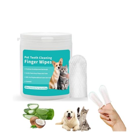 مناديل تنظيف الأسنان للكلاب والقطط، لإزالة رائحة الفم الكريهة عن طريق إزالة البلاك والجير، فرشاة أسنان للأصابع بدون شطف، للاستخدام مرة واحدة، لتنظيف لطيف وعناية باللثة من مومو بير، 50 منديل