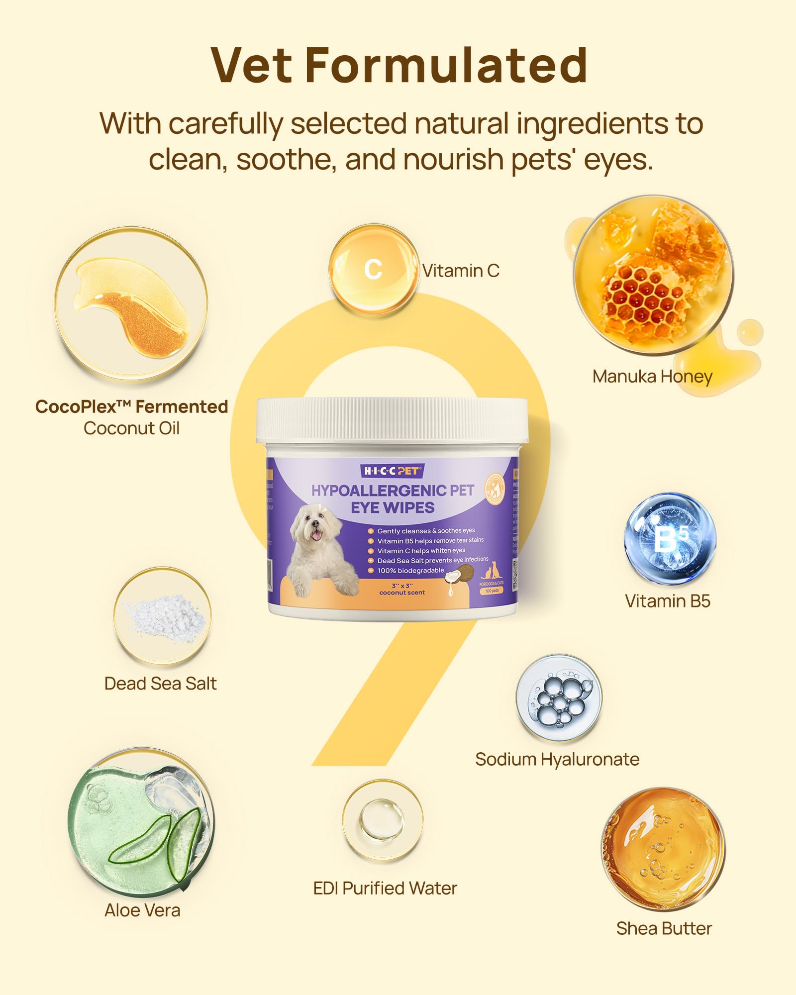 مناديل مبللة لعيون الكلاب والقطط من اتش اي سي سي بي اي تي، تزيل بلطف بقع الدموع وحطام العين والتفريغ وافرازات المخاط - مناديل تنظيف الحيوانات الاليفة بزيت جوز الهند لازالة الروائح الكريهة للعيون