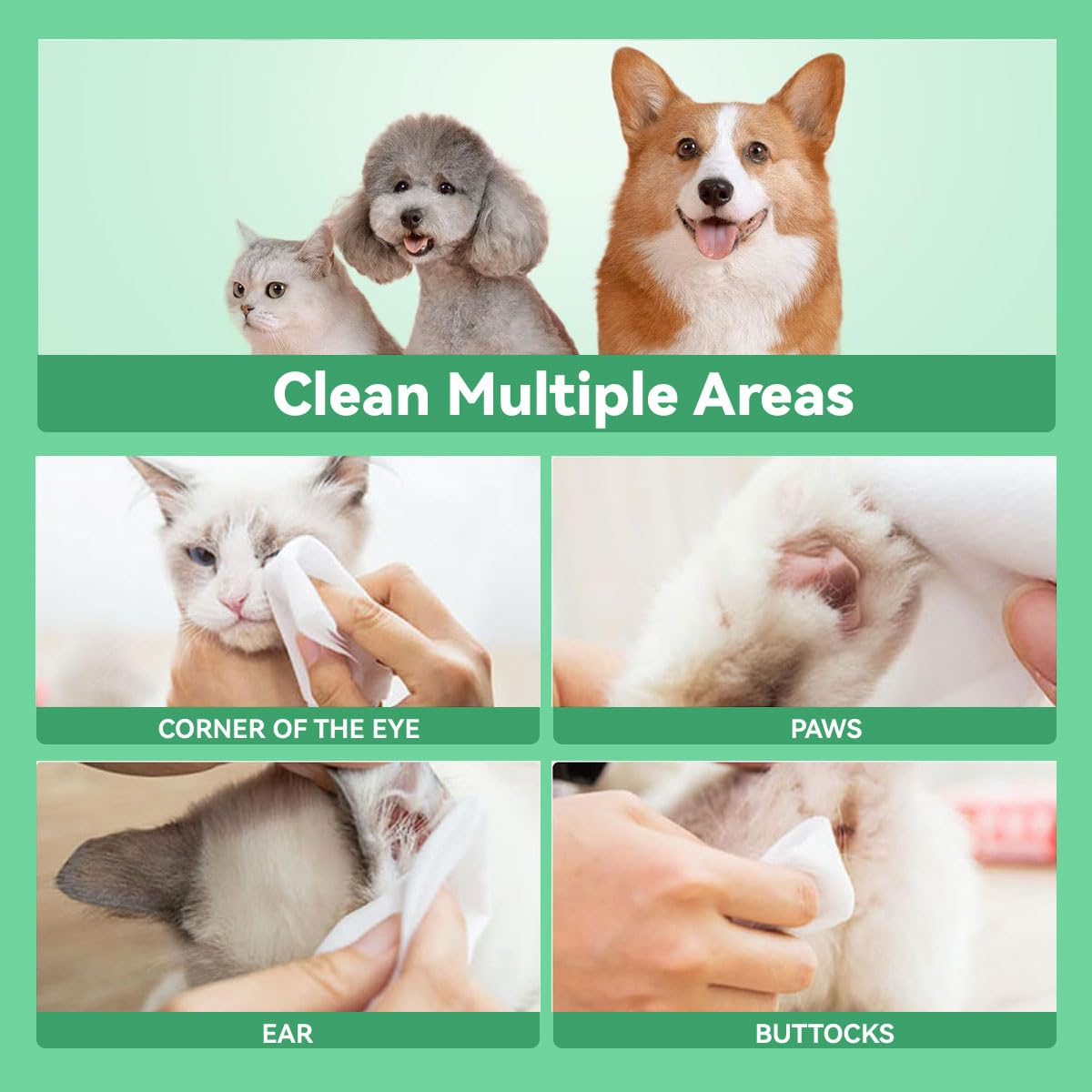 مناديل مبللة للكلاب والحيوانات الأليفة، مضادة للحساسية وغير معطرة بسماكة عالية، لتنظيف الكفوف والأذنين والمؤخرة والوجه والعينين، للاستخدام في المنزل أو أثناء التنقل والسفر من اي سي في في، عبوة 100