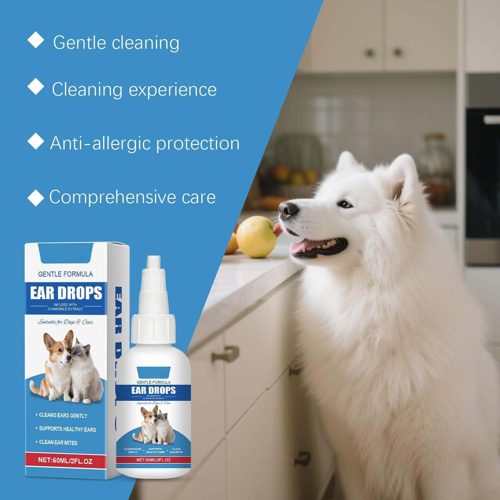 منظف اذن للكلاب والقطط لتهدئة الحكة والالتهابات من الميكاكوز، منظف أذني الكلاب للعناية اليومية وإزالة الأوساخ وتراكم الشمع والروائح بلطف