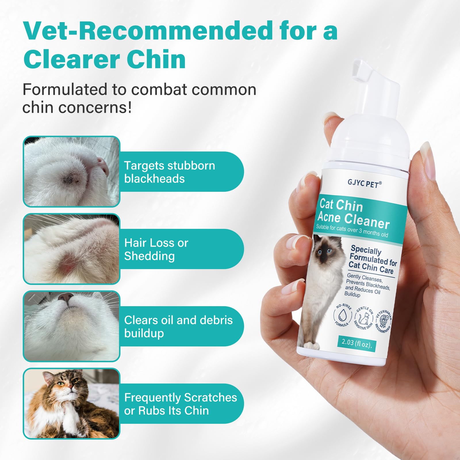منظف حب الشباب والذقن للقطط من جي جيه واي سي - مزيل الرؤوس السوداء والبثور بدون شطف مع فرشاة، تركيبة ترطيب لطيفة لبشرة القطط الحساسة والتحكم في الزيوت والحطام